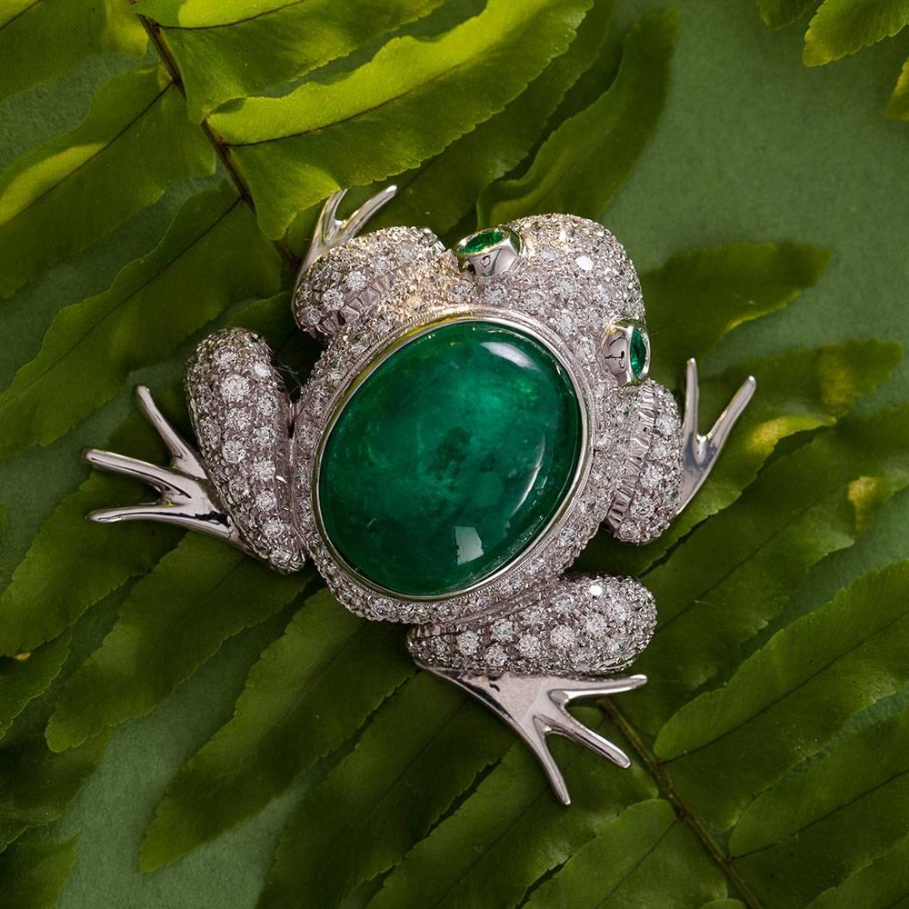 Handmade Frog Brooch in 18 Kt White Gold , 3.18 carats Diamonds and 28.36 carats Emerald Cabochon .