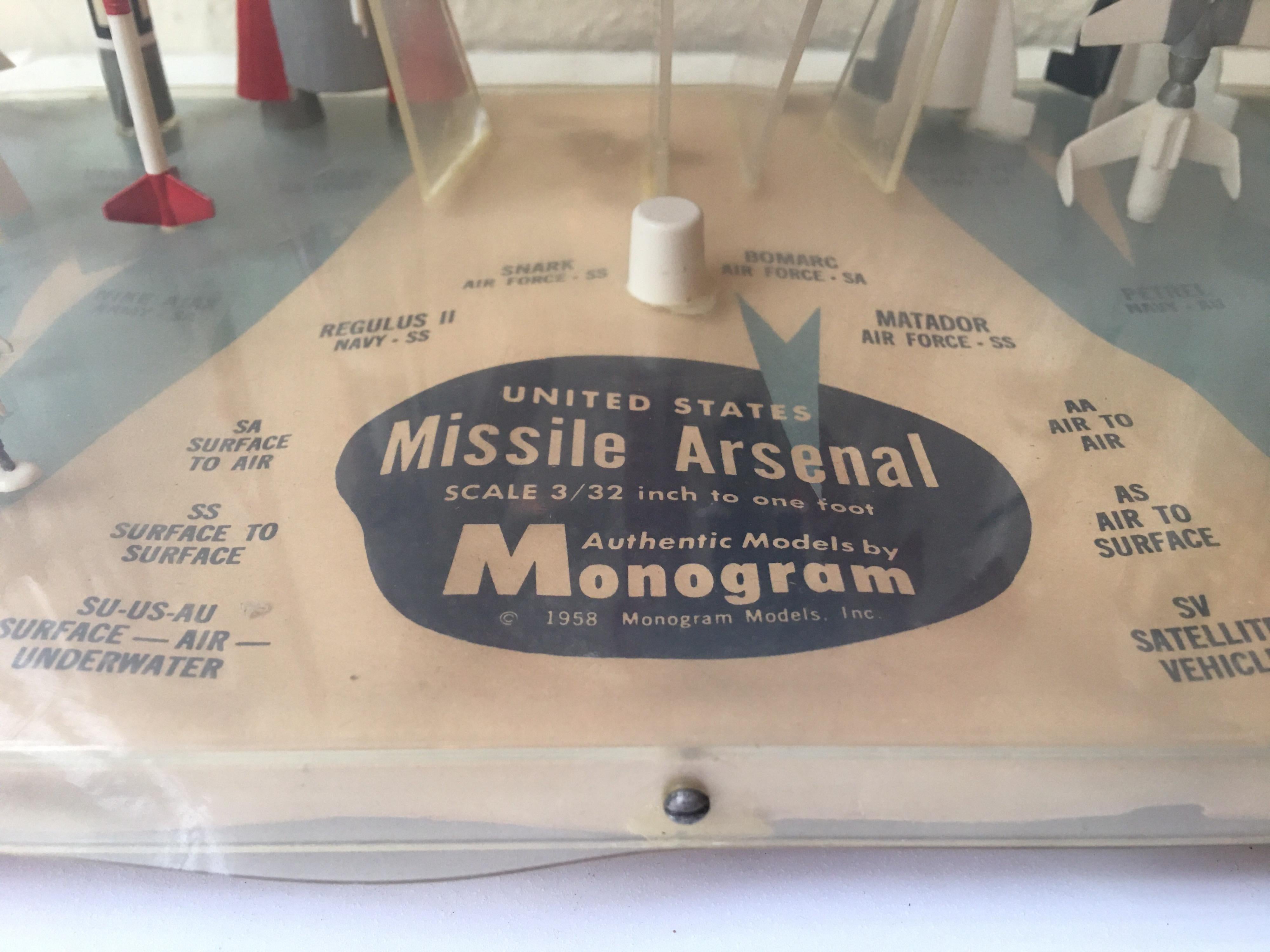 Missile Arsenal by Monogram 1958. Authentic models 3/32 scale. Builder built a custom plastic box to display his/ her rockets. A couple missiles have been re-glued and plastic box shows wear and tear. Classic late 1950s model!