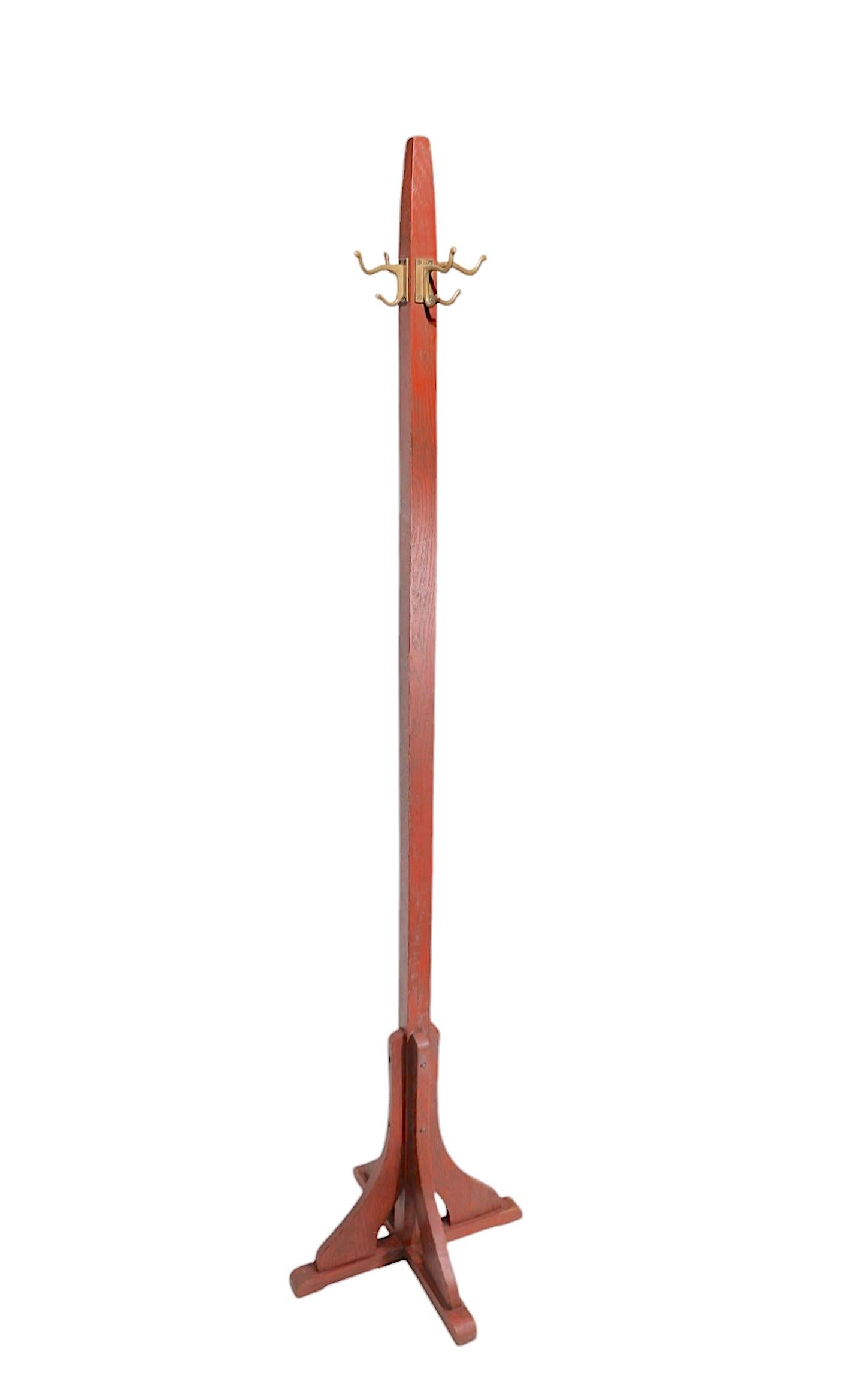 American Mission Arts and Crafts Freestanding Coat Rack with Cast Brass Hooks c 1900/1920