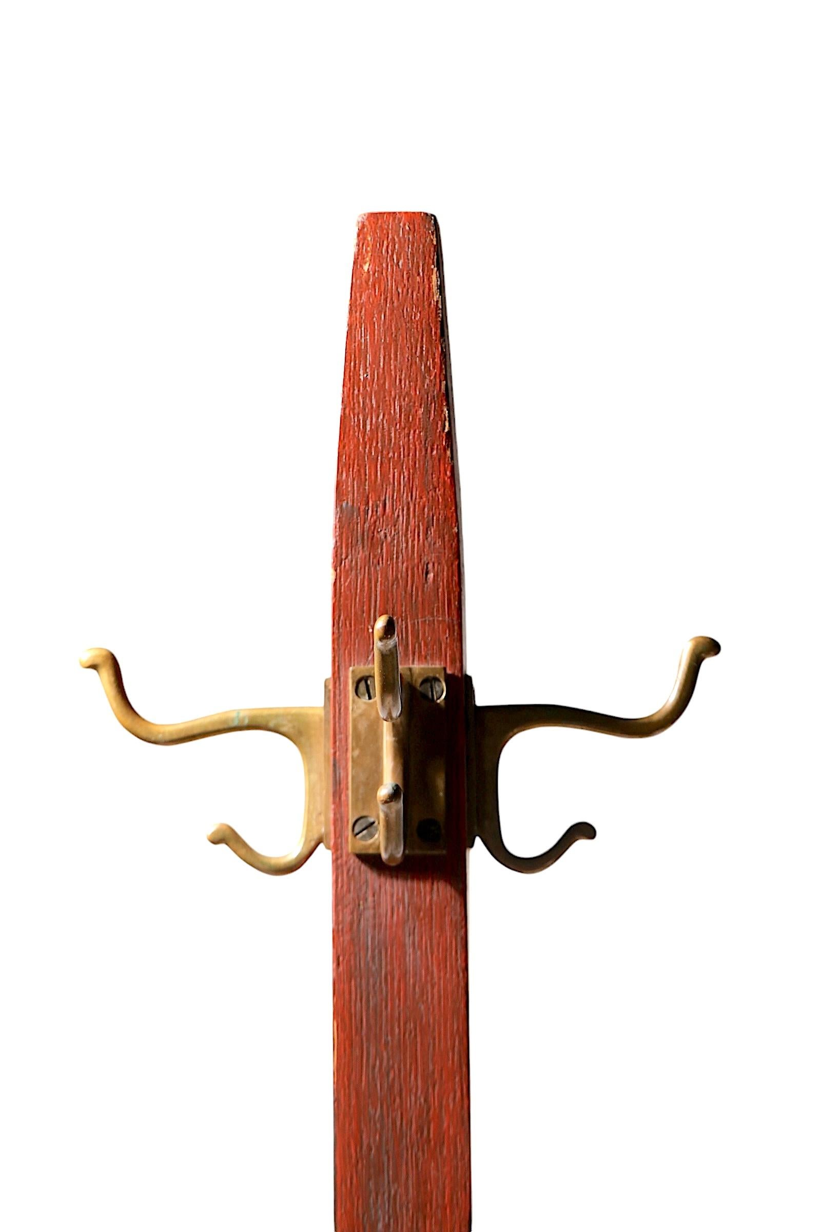 20th Century Mission Arts and Crafts Freestanding Coat Rack with Cast Brass Hooks c 1900/1920