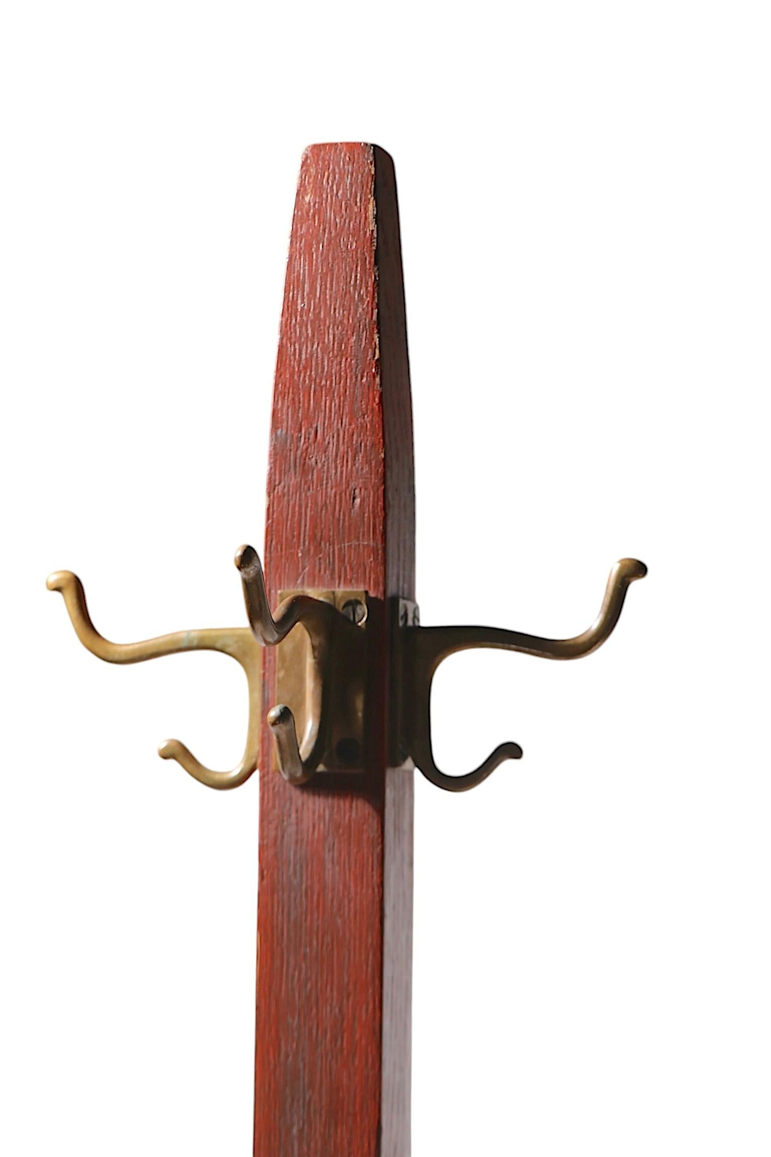 Mission Arts and Crafts Freestanding Coat Rack with Cast Brass Hooks c 1900/1920 1