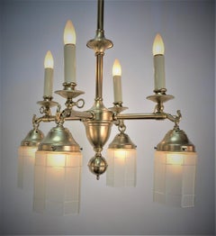 Mission, Arts & Crafts American Eight Lights Brass Chandelier