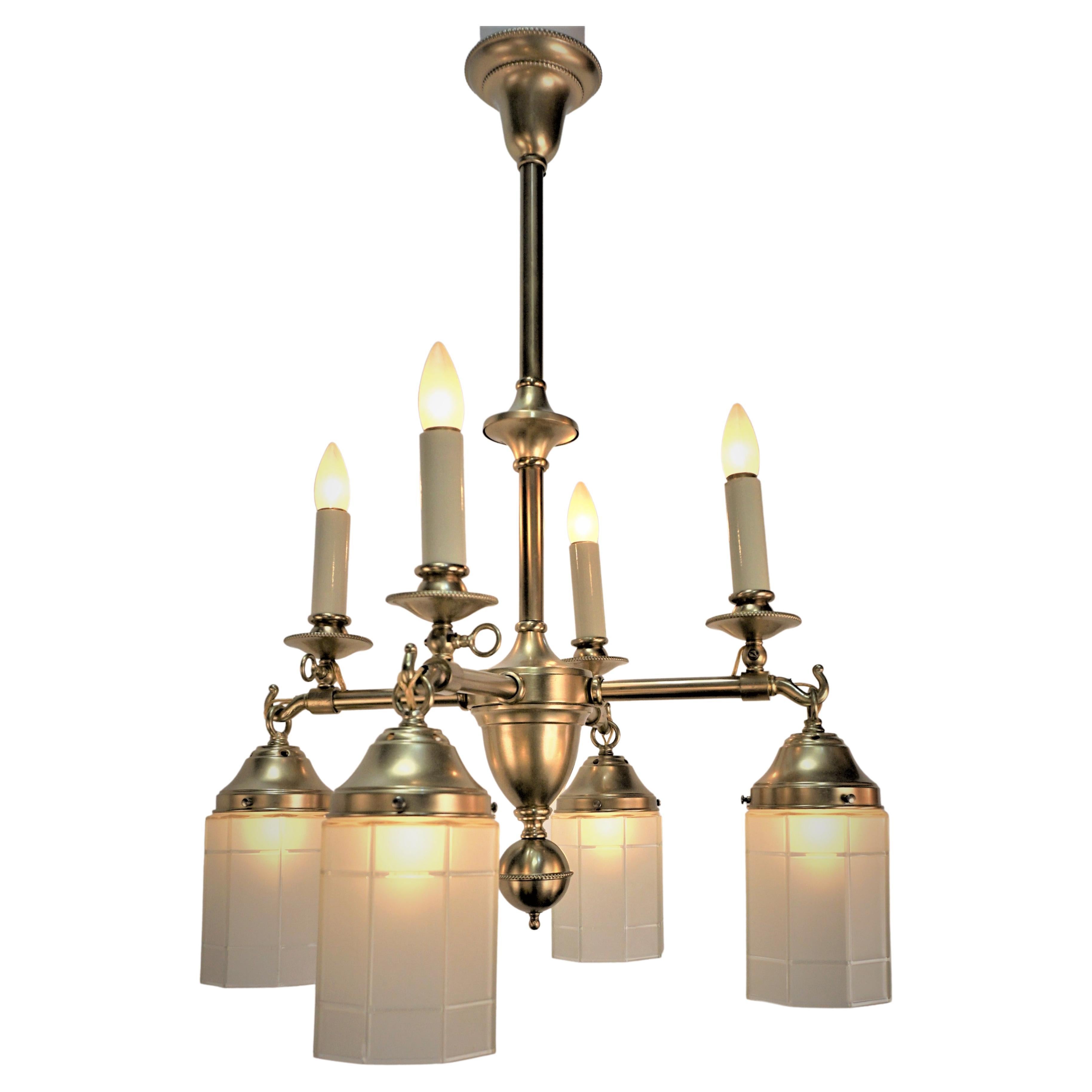Mission, Arts & Crafts American Eight Lights Brass Chandelier For Sale