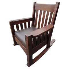 Mission Arts & Crafts Rocker by Harden Quarter Sawn Oak w Leather Seat, C1905