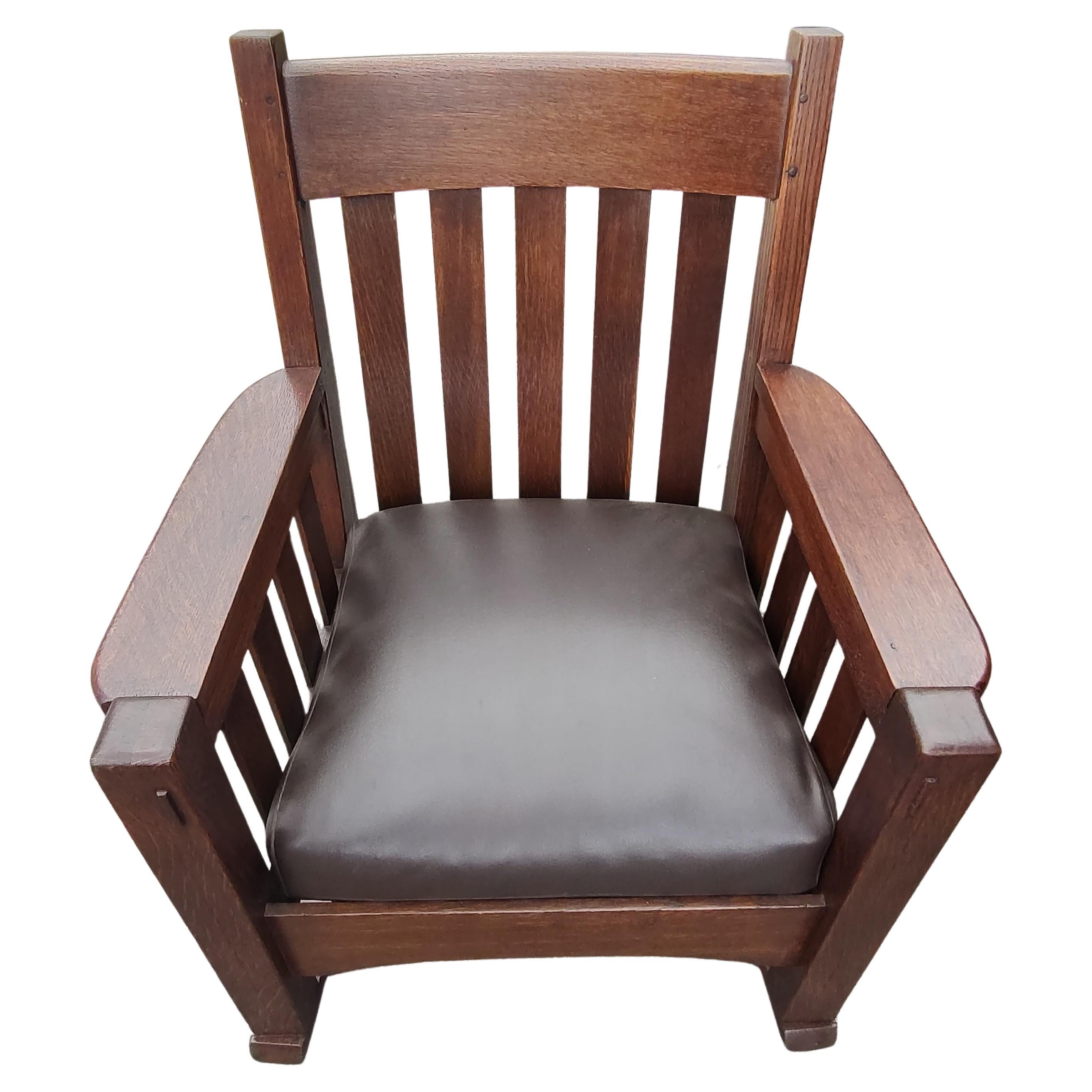 American Mission Arts & Crafts Rocker by Harden Quarter Sawn Oak w Leather Seat, C1905