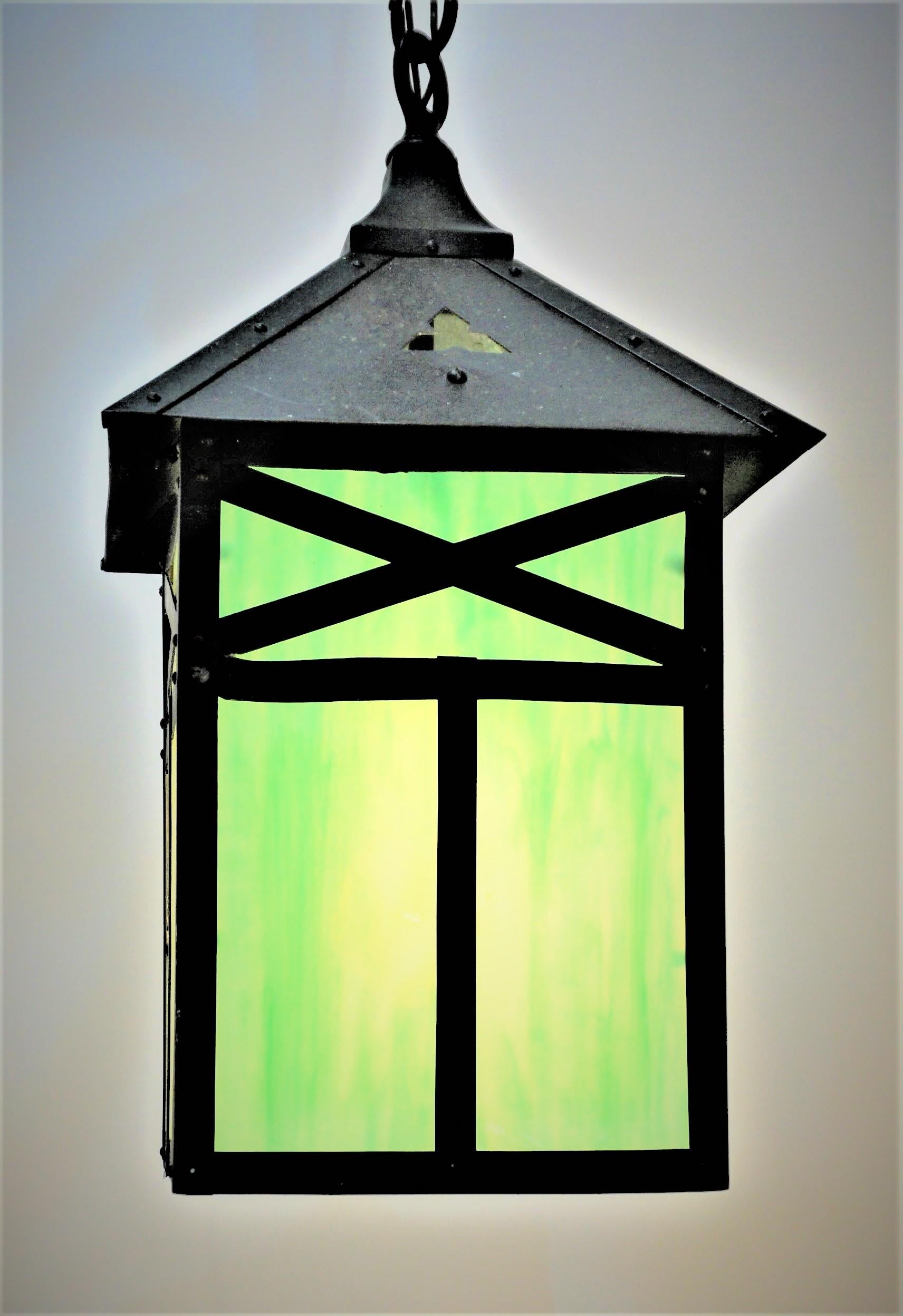 Arts & Crafts Mission stained glass lantern.
New wiring and ready for installation.
Minimum height fully installed 21
