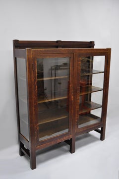 Mission Arts & Crafts Stickley Era Glass Double Door China Cabinet Bookcase