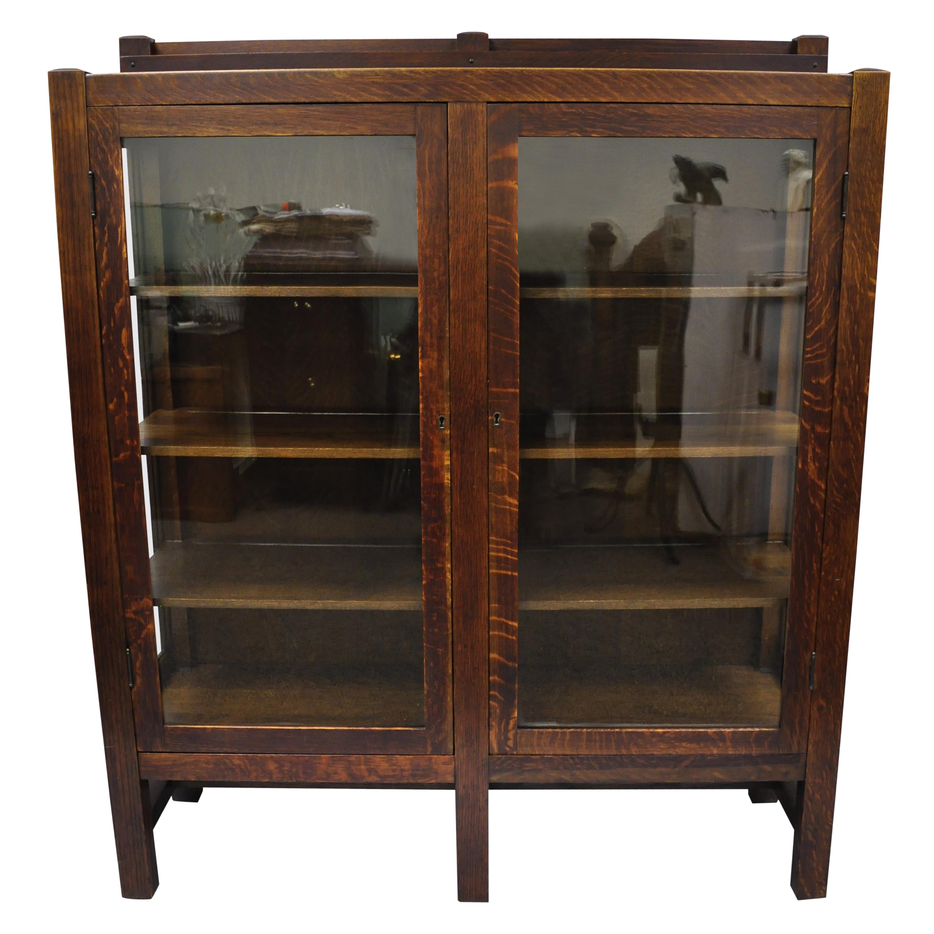 Mission Arts & Crafts Stickley Era Glass Double Door China Cabinet Bookcase