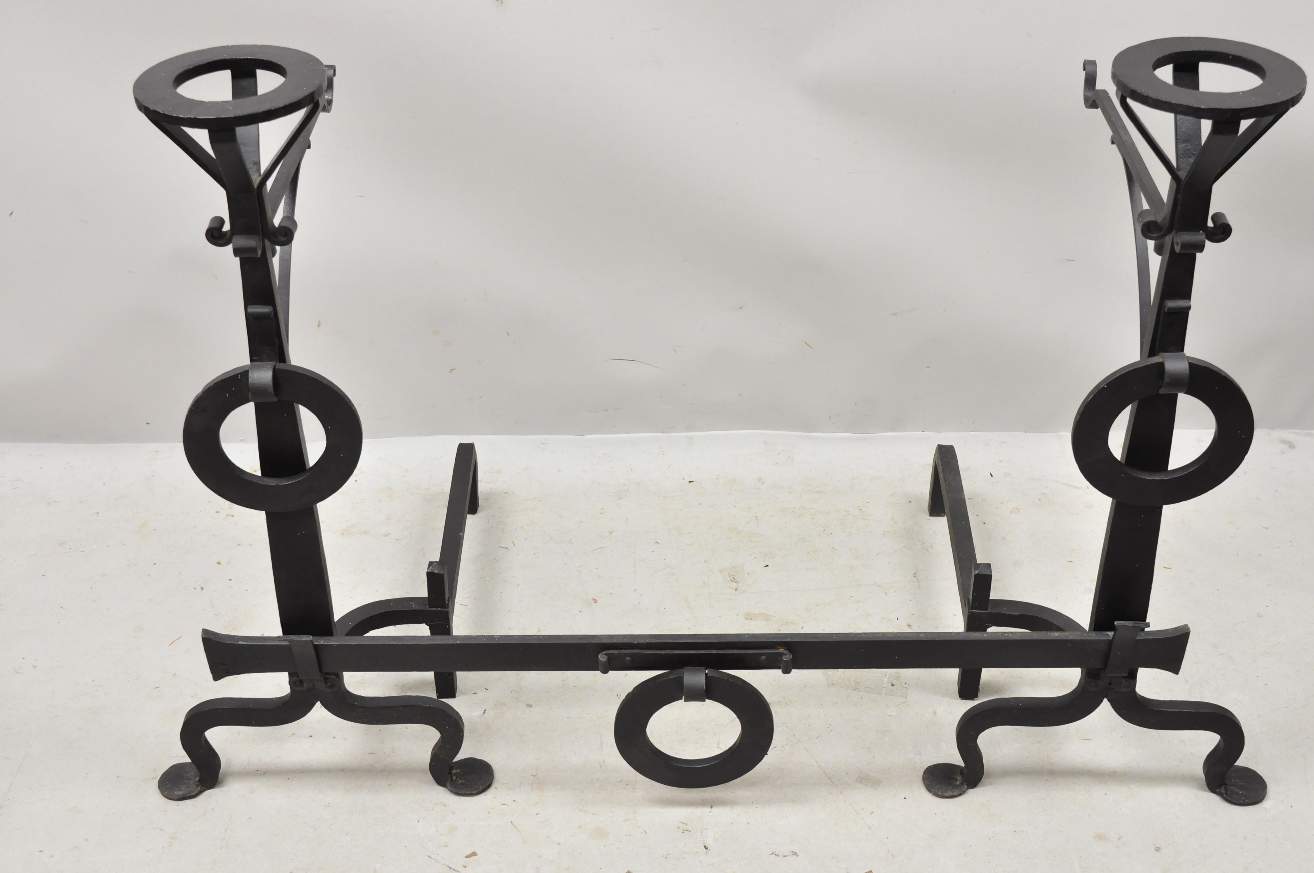 Mission Arts & Crafts Wrought Cast Iron Long Fireplace Andirons & Base, 3pc Set For Sale 5