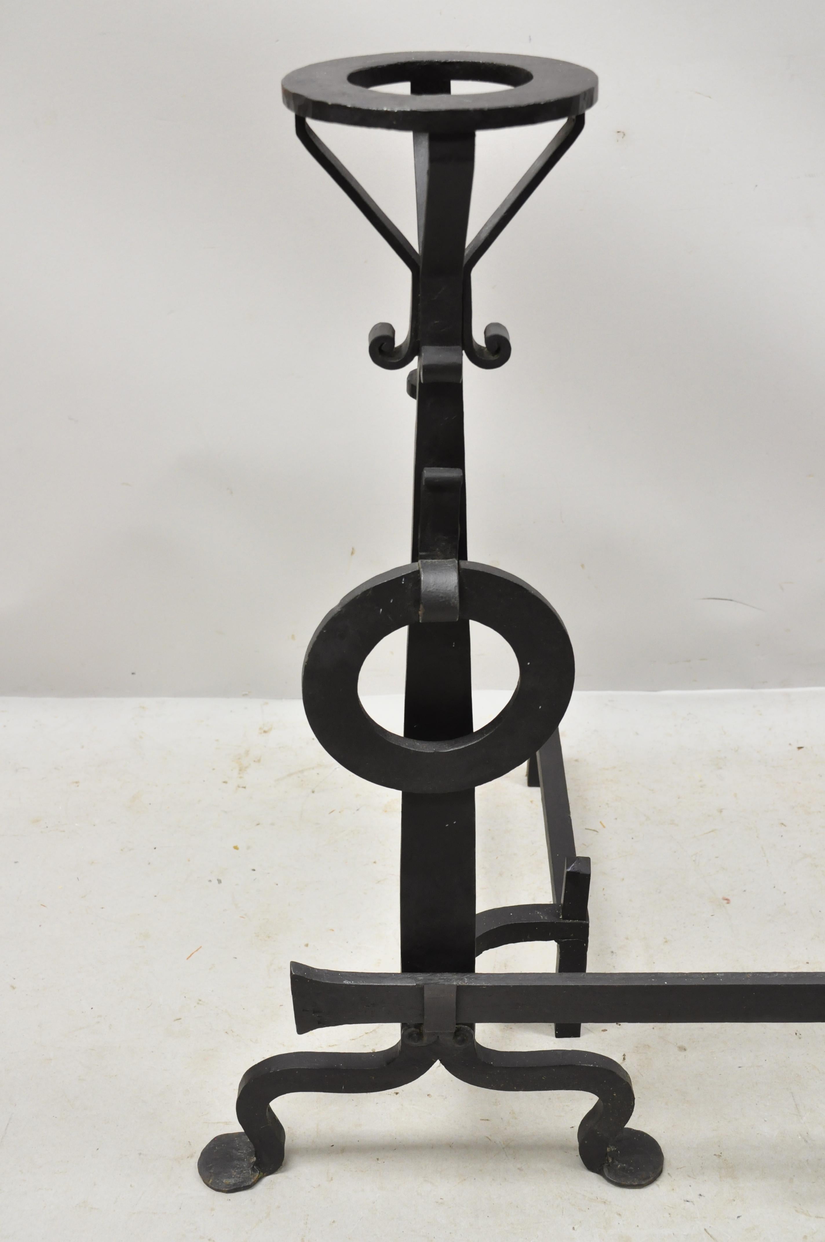 Arts and Crafts Mission Arts & Crafts Wrought Cast Iron Long Fireplace Andirons & Base, 3pc Set For Sale