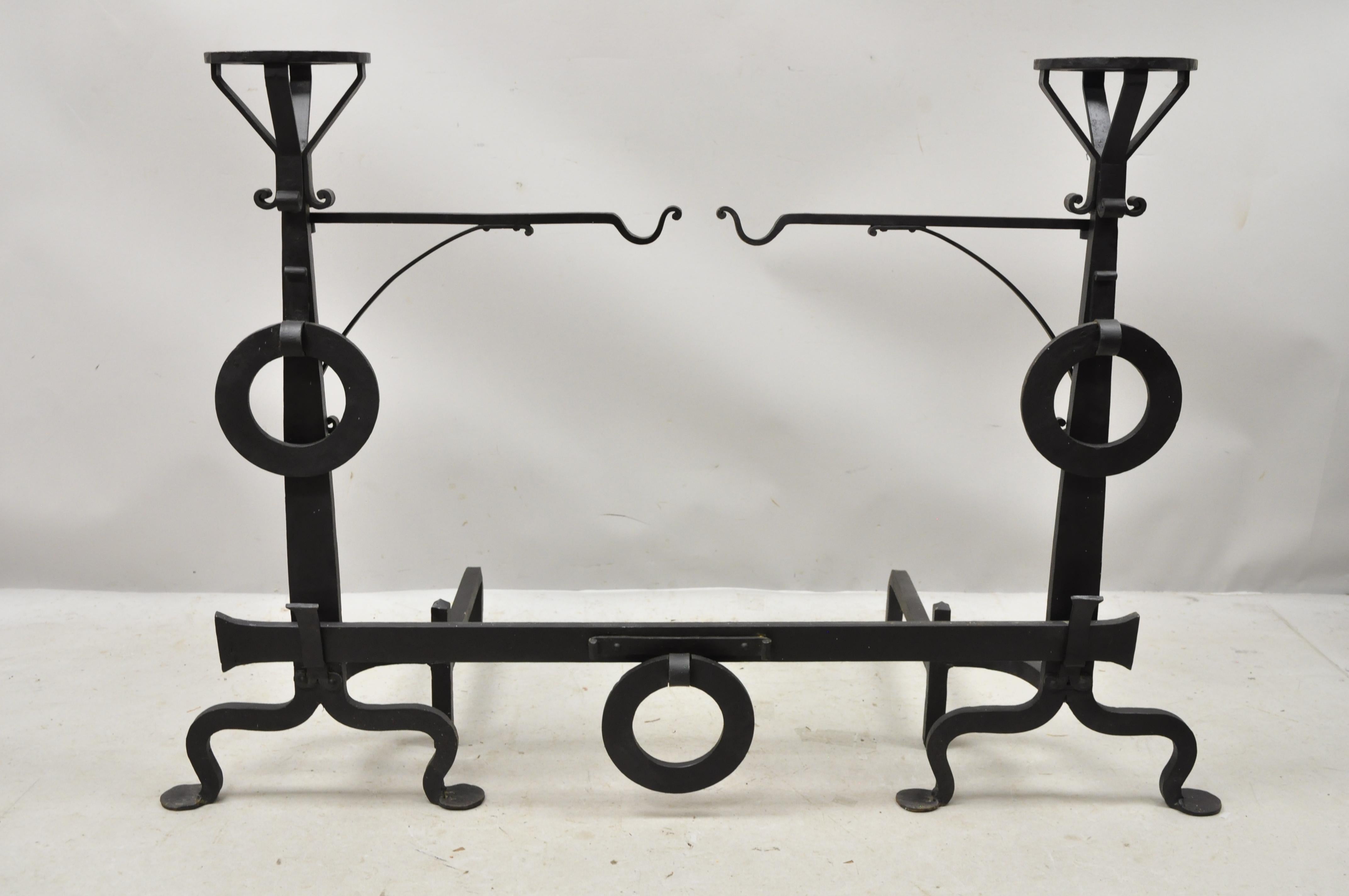 19th Century Mission Arts & Crafts Wrought Cast Iron Long Fireplace Andirons & Base, 3pc Set For Sale