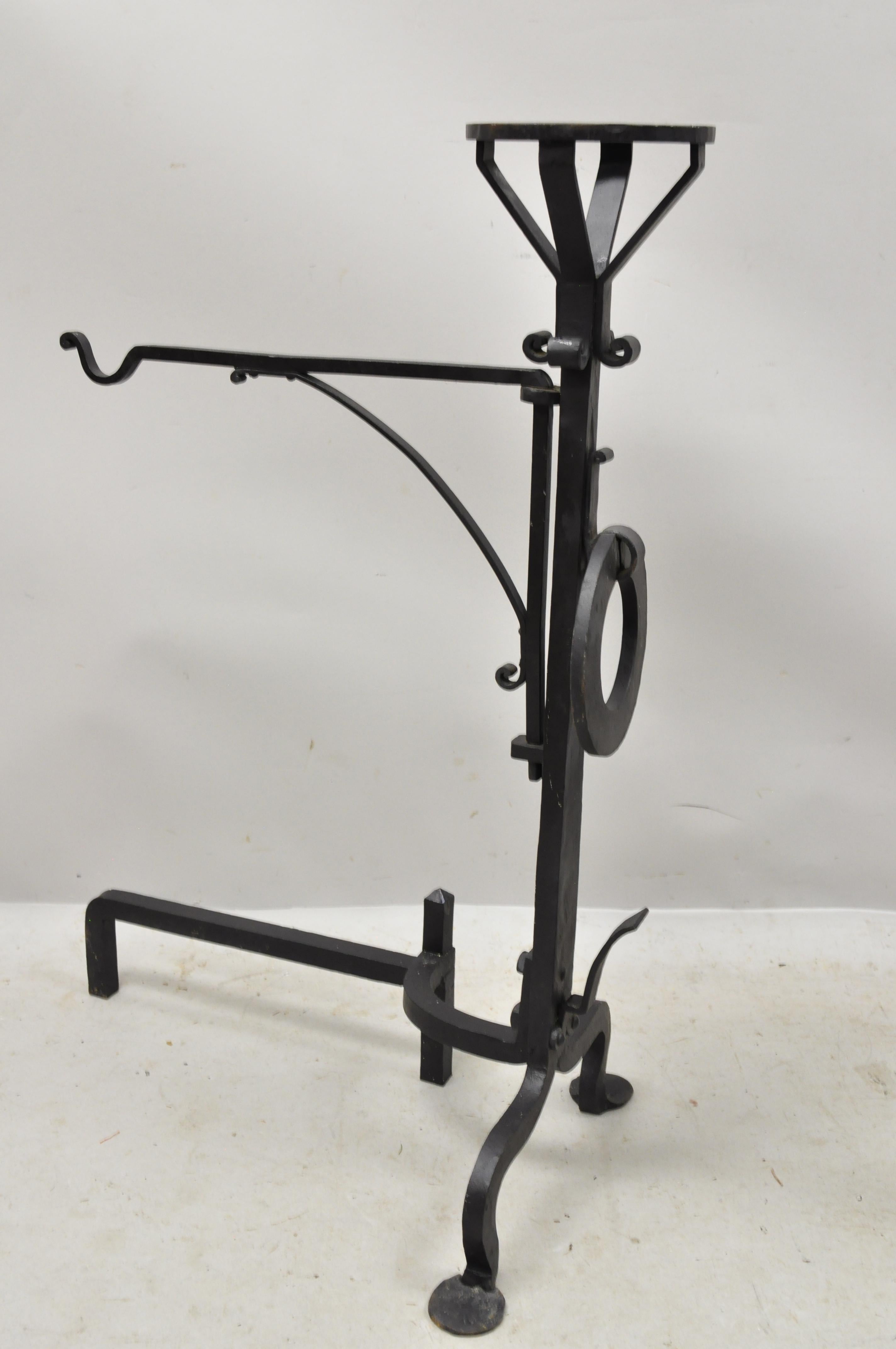 Mission Arts & Crafts Wrought Cast Iron Long Fireplace Andirons & Base, 3pc Set For Sale 2