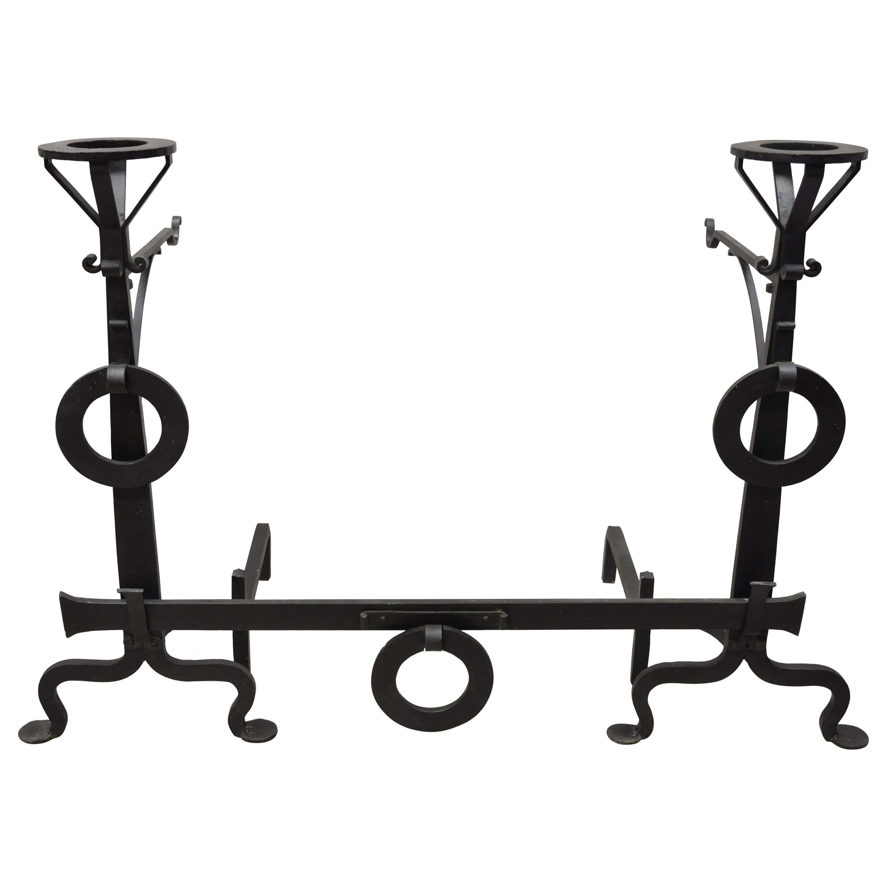 Mission Arts & Crafts Wrought Cast Iron Long Fireplace Andirons & Base, 3pc Set For Sale