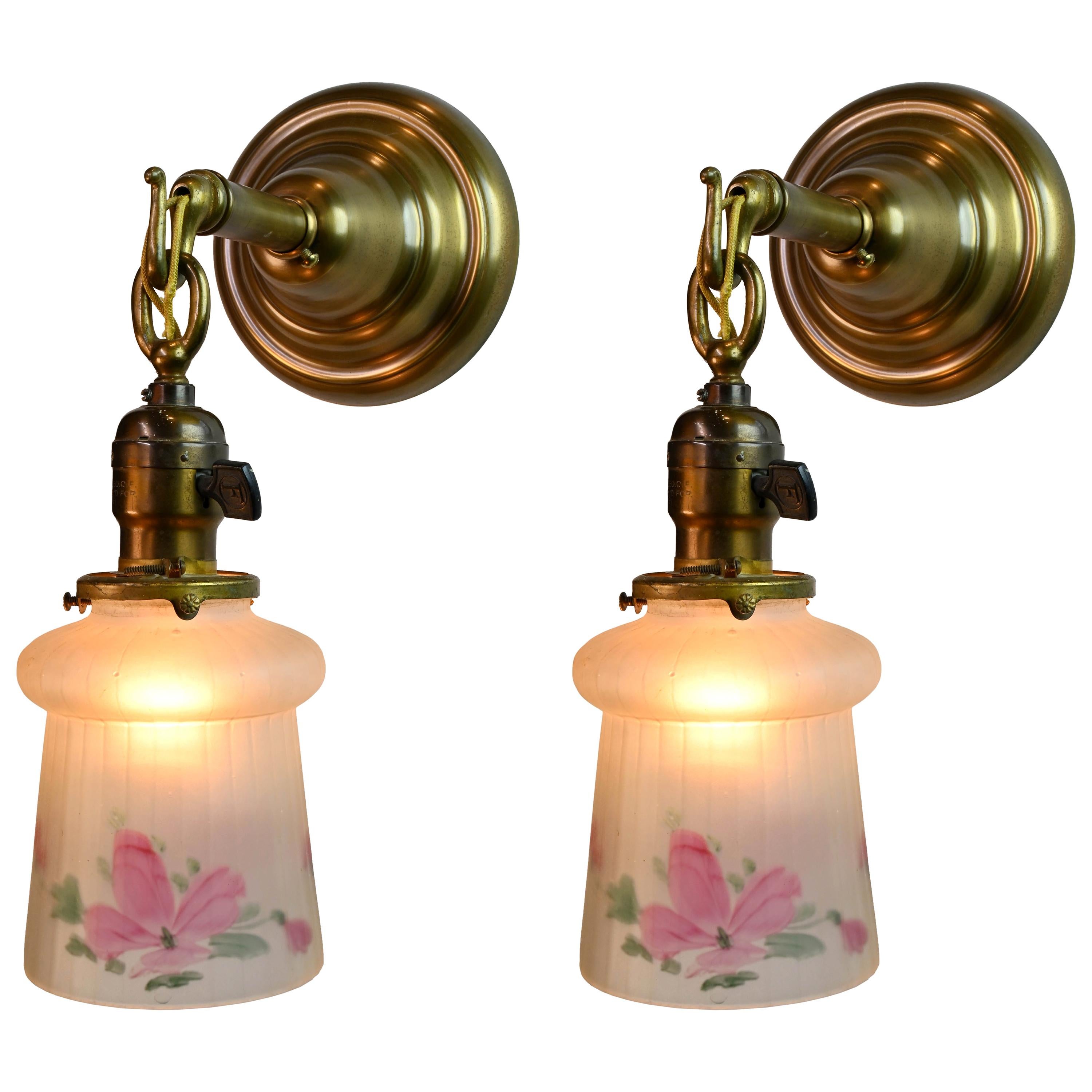 Mission Brass Sconce Pair with Hand Painted Fluted Glass Shades