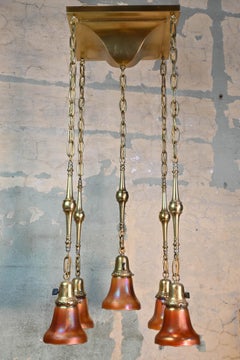 Mission/Craftsman 5 Shade Drop Chandelier with Nuart Ruby 'Carnival' Glass Shade