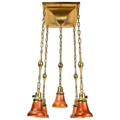 Mission/Craftsman 5 Shade Drop Chandelier with Nuart Ruby 'Carnival' Glass Shade