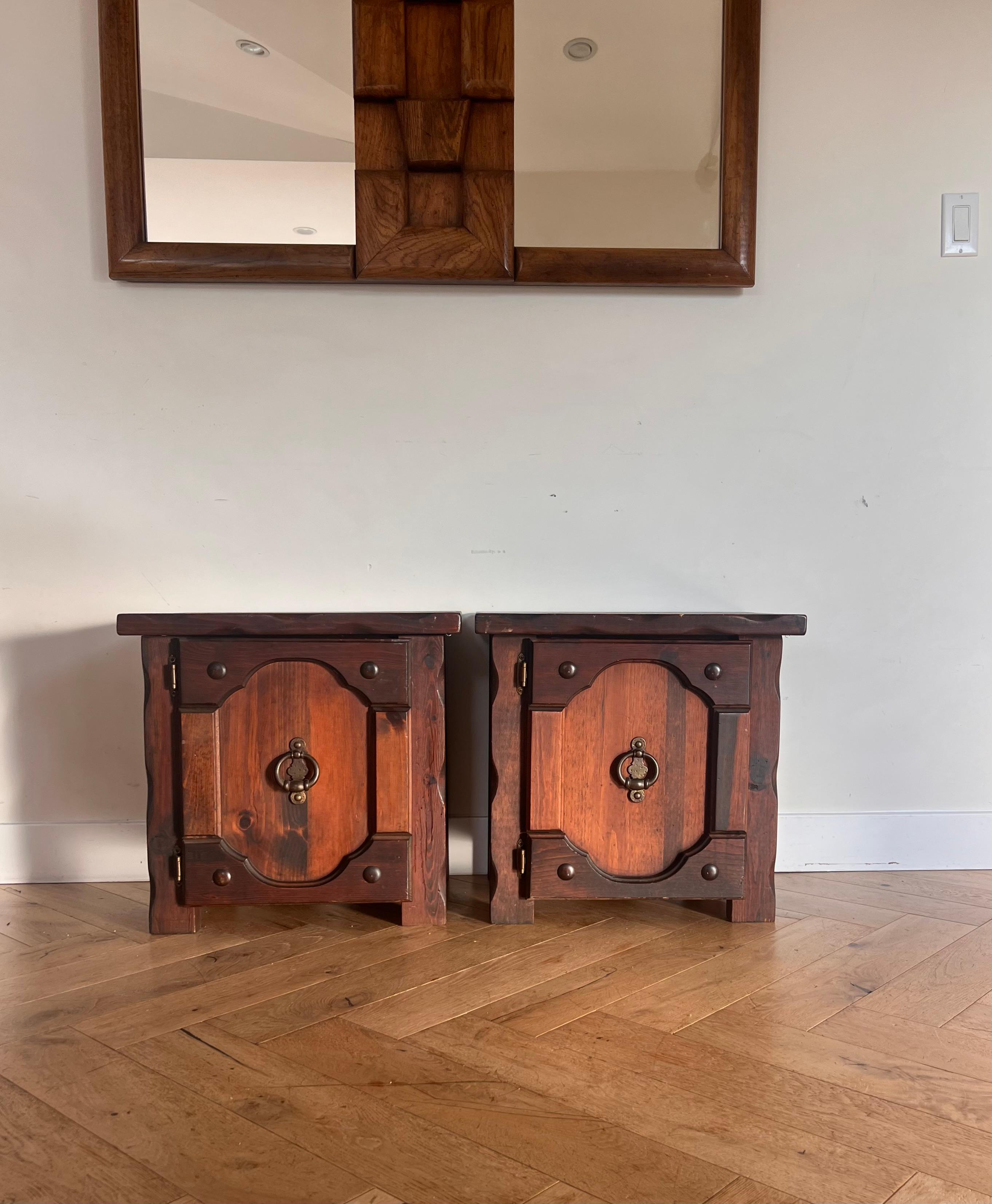 Unknown Mission craftsman gothic wooden nightstands with iron hardware, circa 1970 For Sale