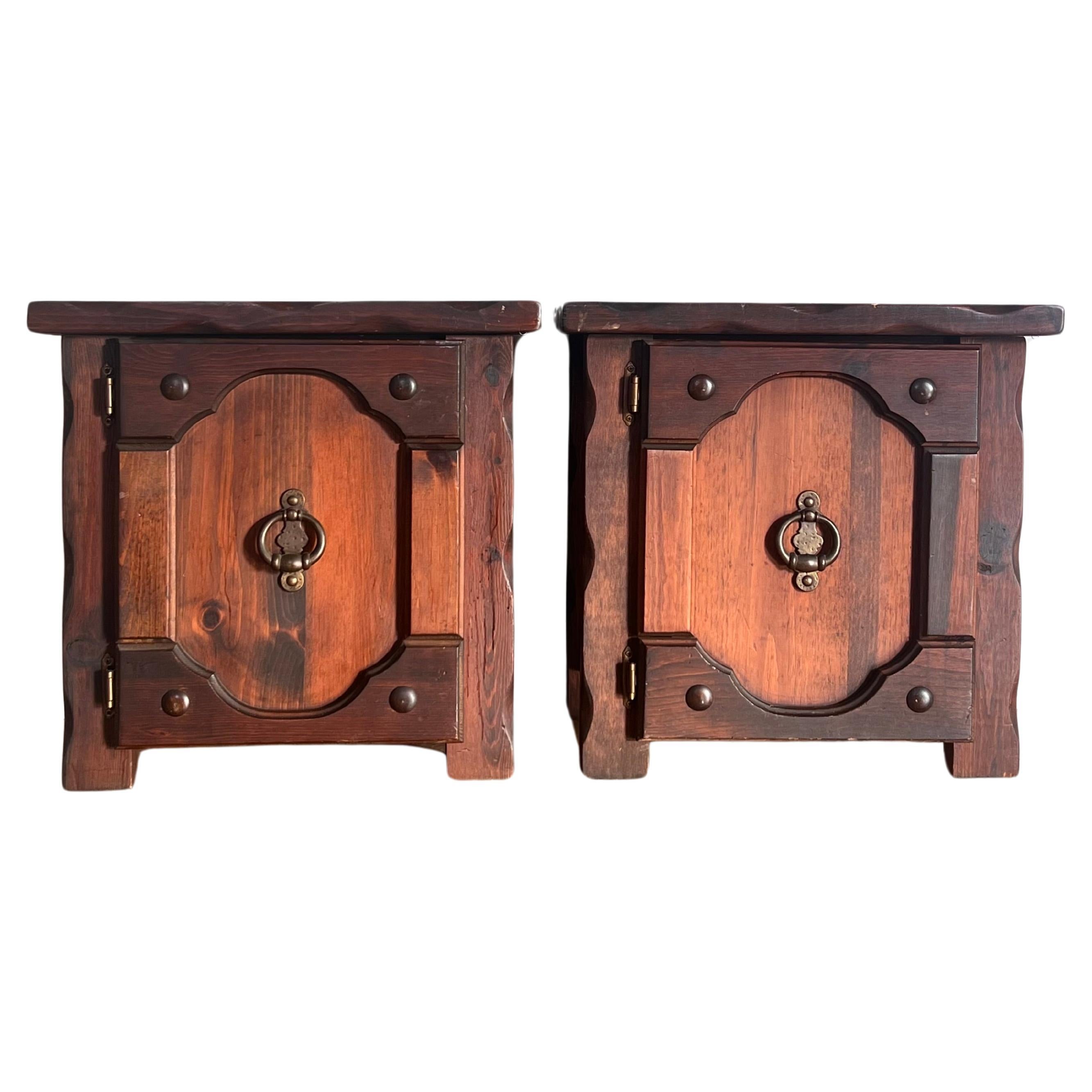 Mission craftsman gothic wooden nightstands with iron hardware, circa 1970