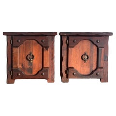 Mission craftsman gothic wooden nightstands with iron hardware, circa 1970