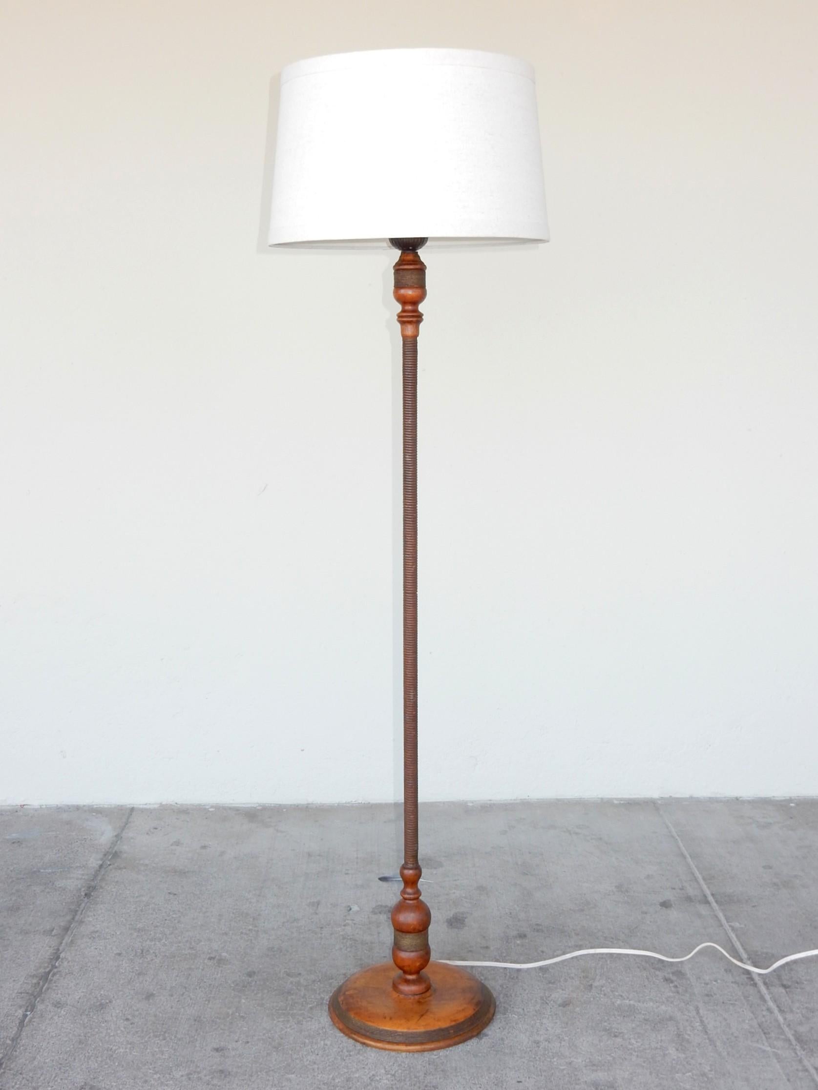 Milk Glass Mission Era Leather Wrapped Floor Lamp, circa 1930s