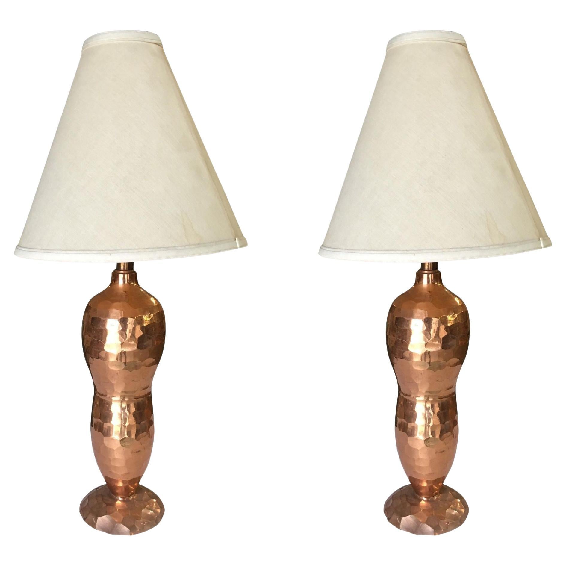 Mission Inspired Hand-Hammered Peanut Shaped Copper Lamp, Pair For Sale