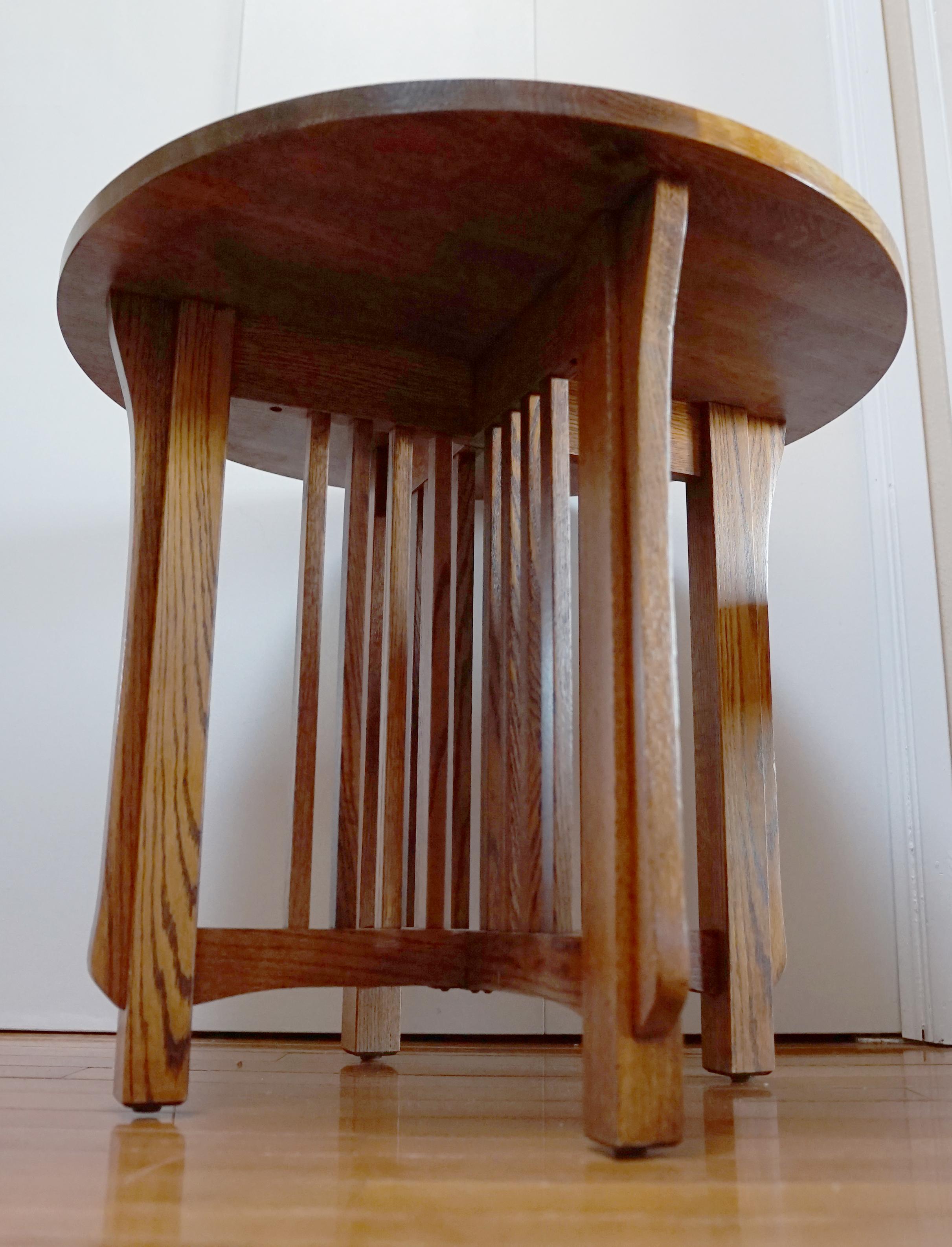 This is a rare gem in the manner of Stickley, and the arts and crafts, Mission Style. It is a vintage Arts & Crafts round oak occasional table. And although it is in the manner of Stickley, we hesitate to make an attribution without a brand or