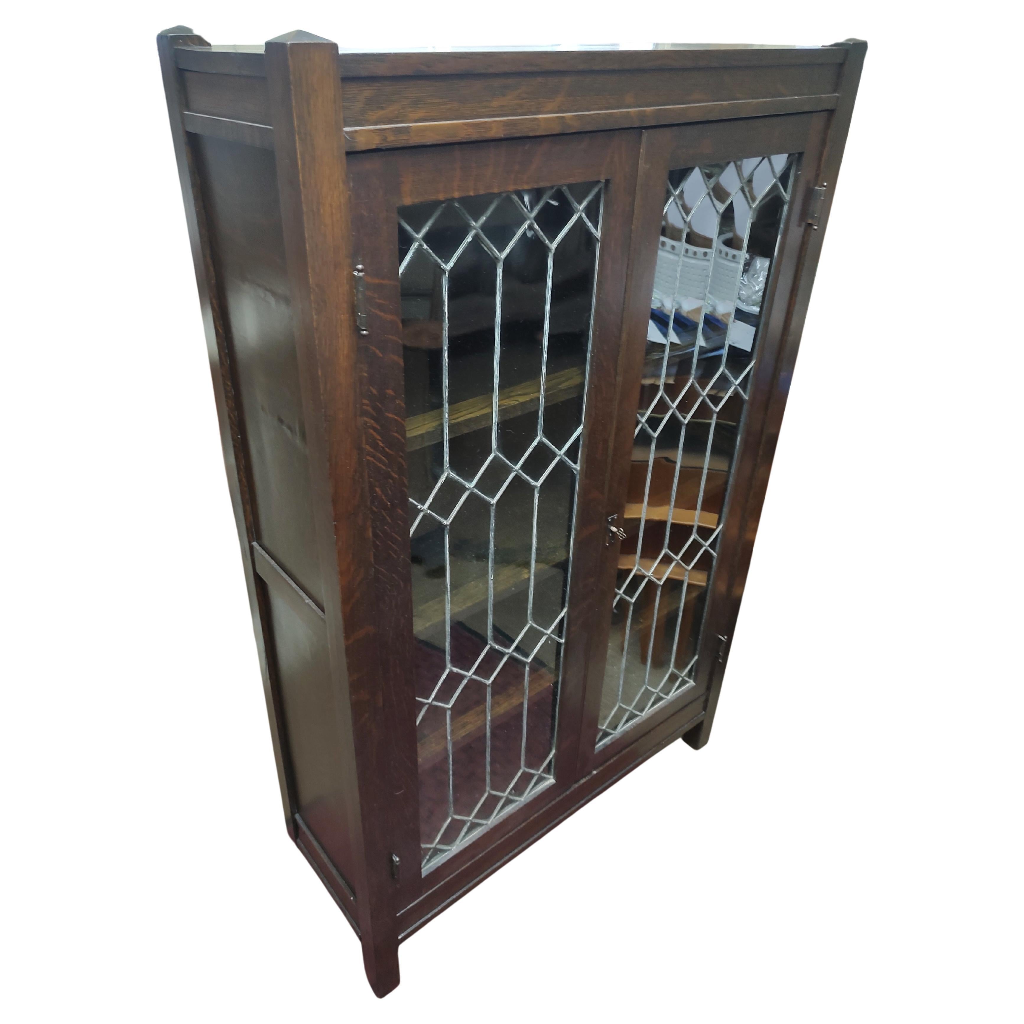 American Mission Oak Arts &Crafts Leaded Glass Bookcase C1912 For Sale