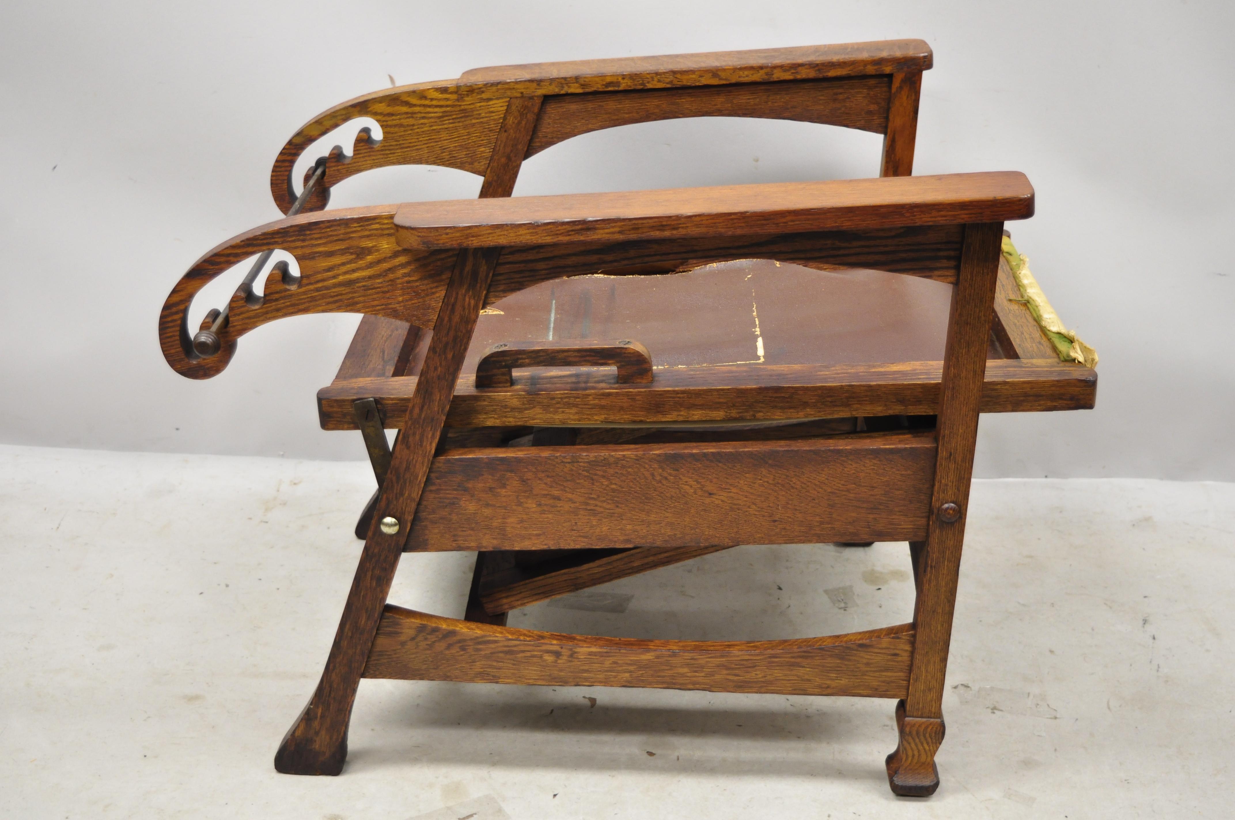 Mission Oak Arts Crafts Reclining Morris Chair Fold Flip Footrest attr Hunzinger 2