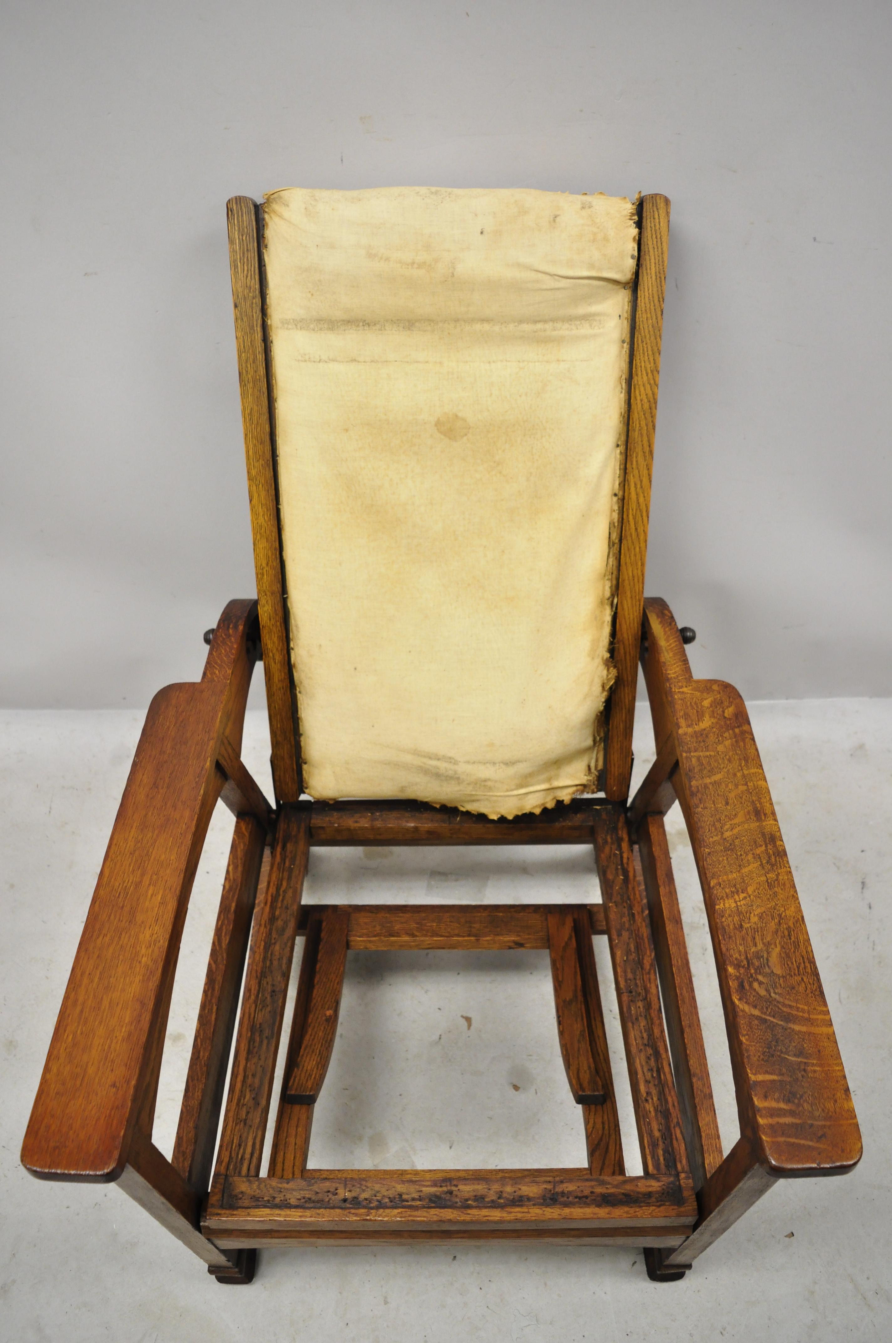 Arts and Crafts Mission Oak Arts Crafts Reclining Morris Chair Fold Flip Footrest attr Hunzinger For Sale