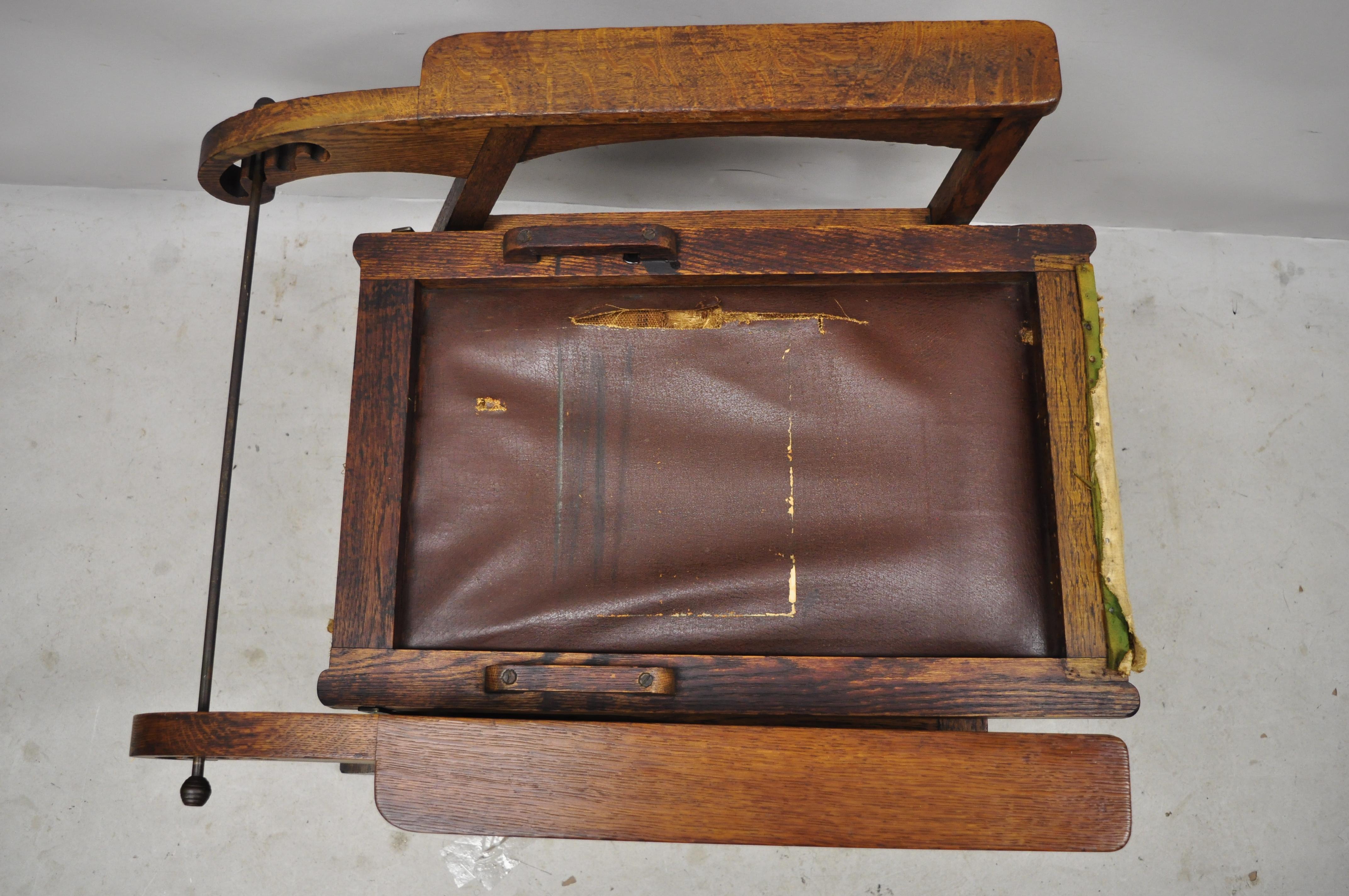 19th Century Mission Oak Arts Crafts Reclining Morris Chair Fold Flip Footrest attr Hunzinger For Sale
