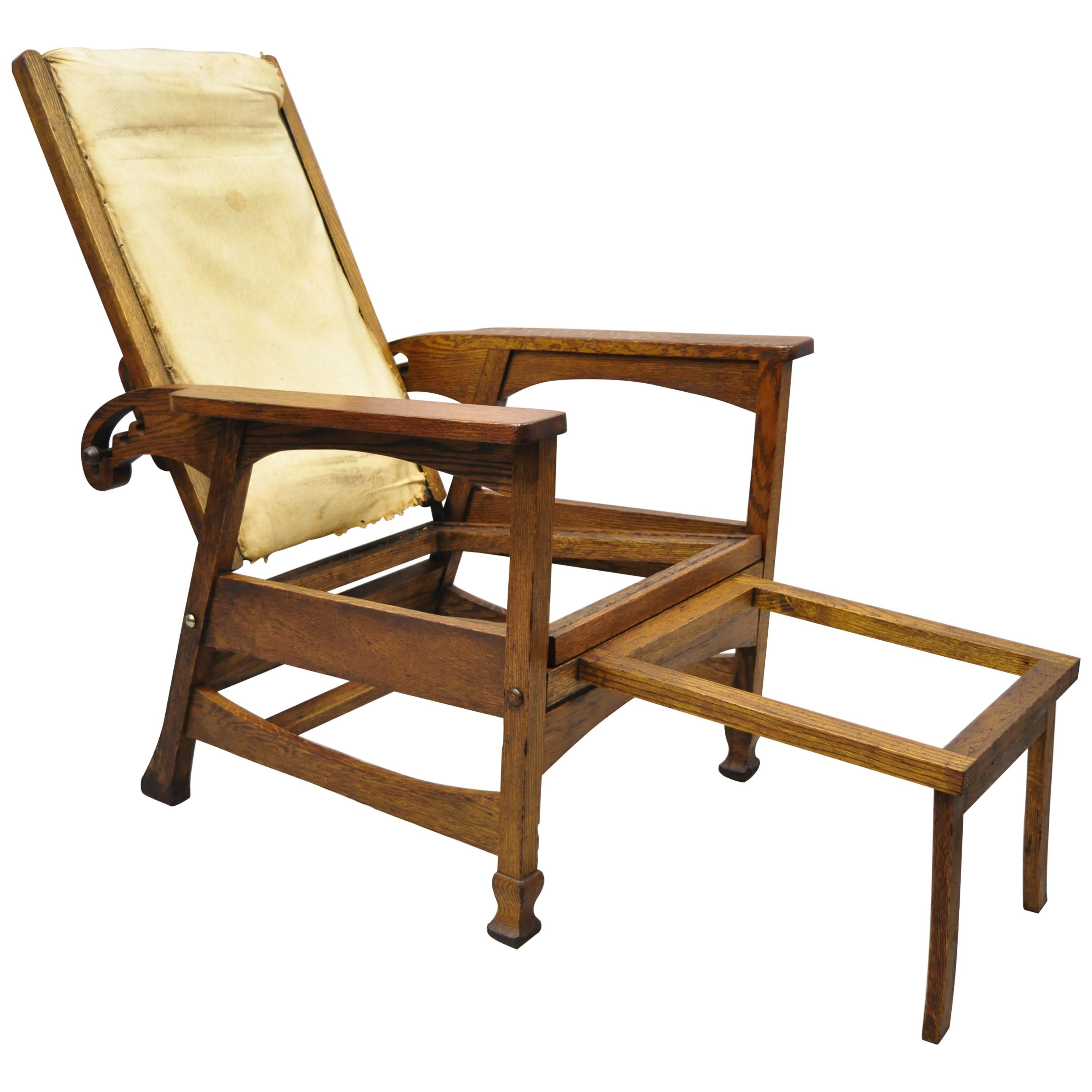Mission Oak Arts Crafts Reclining Morris Chair Fold Flip Footrest attr Hunzinger For Sale