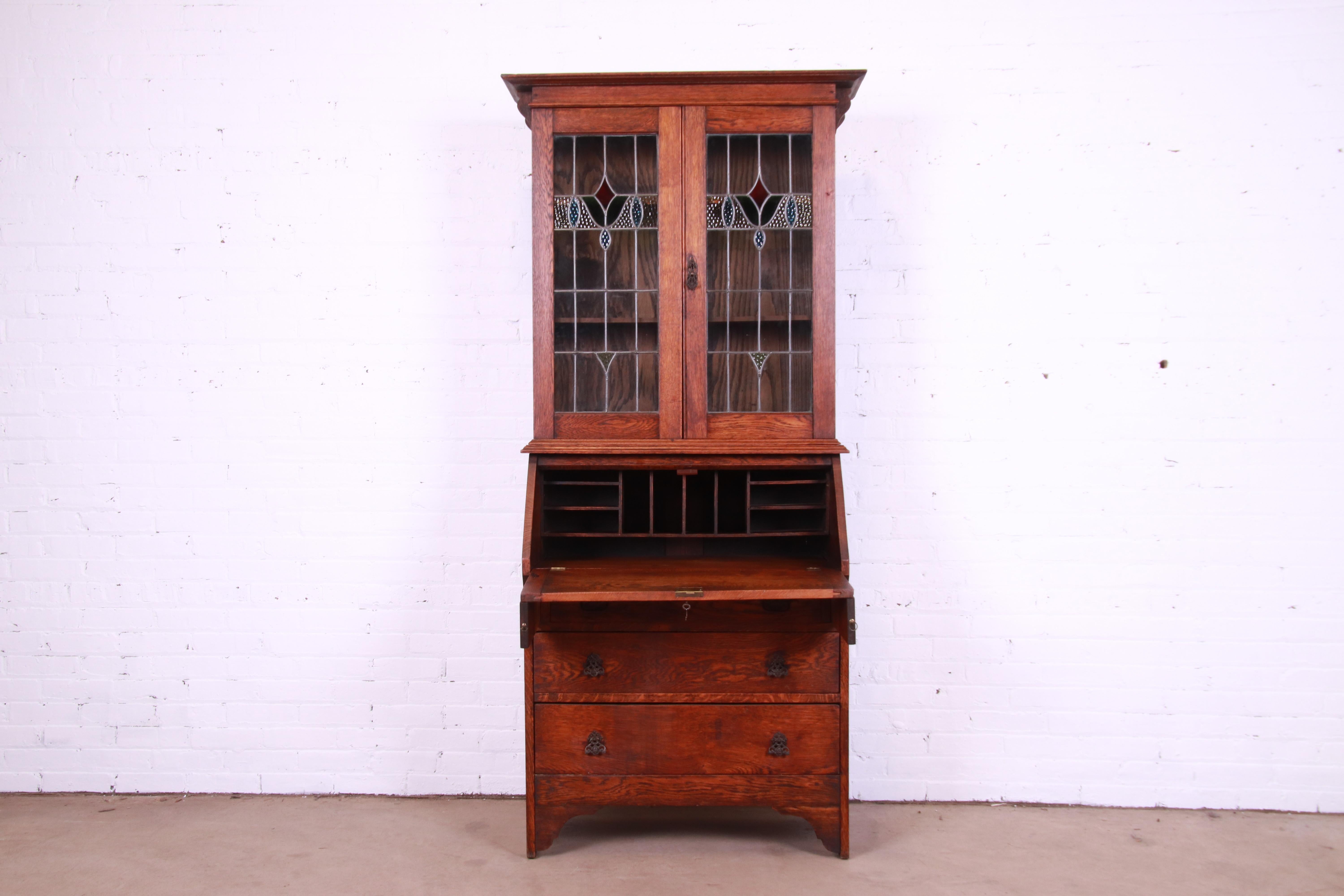 American Mission Oak Arts & Crafts Secretary Desk with Stained Glass Bookcase Hutch