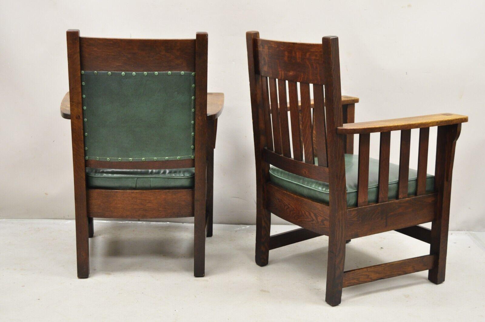 Mission Oak Arts & Crafts Stickley JM Young Style Lounge Arm Chairs Green - Pair For Sale 4