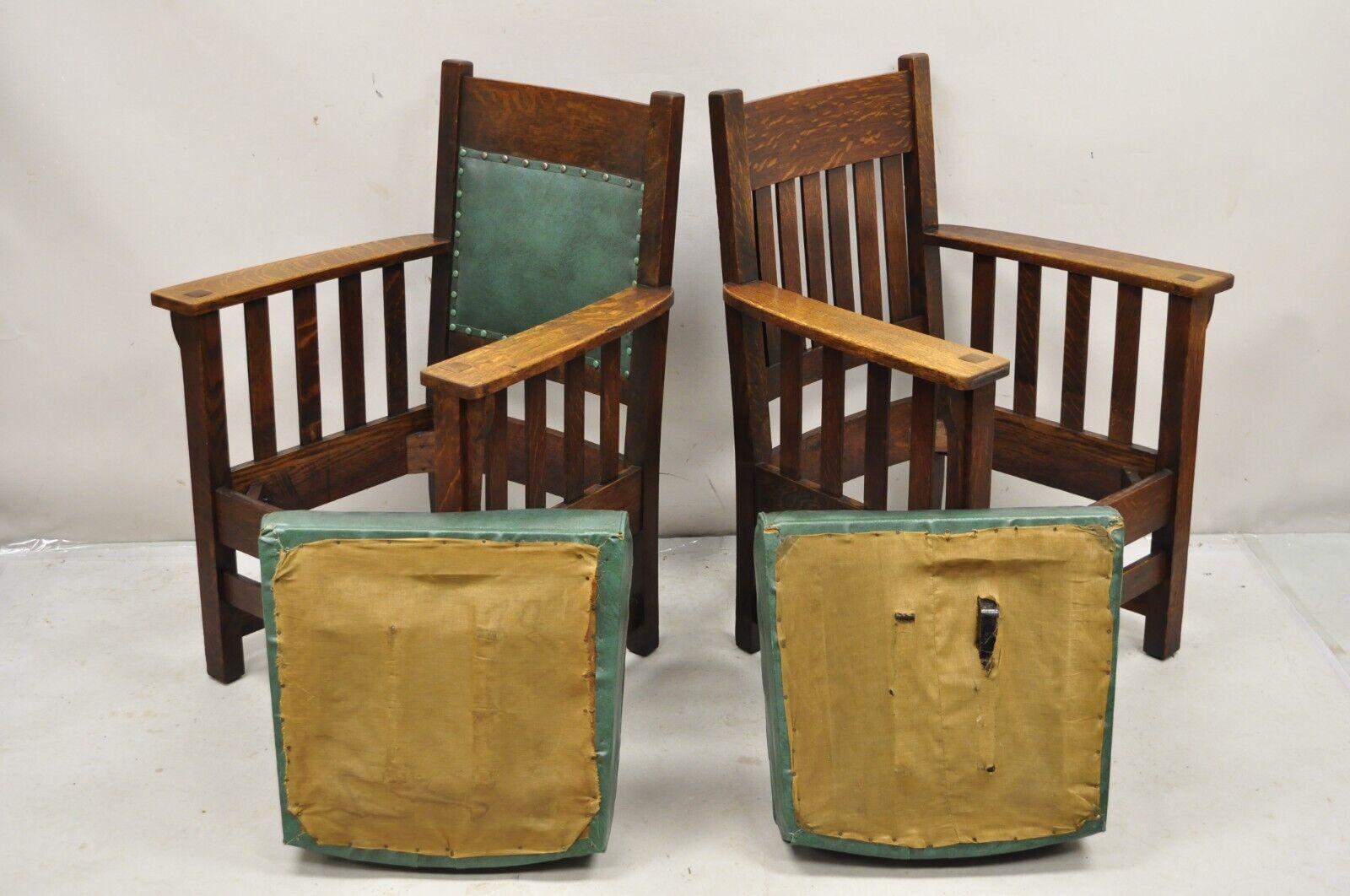 Mission Oak Arts & Crafts Stickley JM Young Style Lounge Arm Chairs Green - Pair For Sale 1
