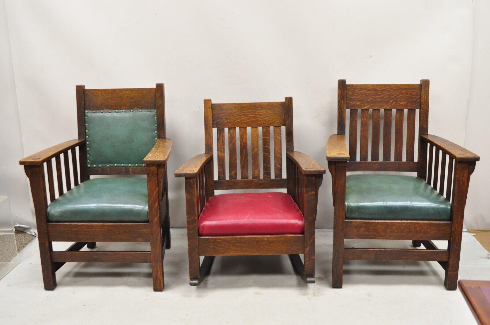 Mission Oak Arts & Crafts Stickley JM Young Style Lounge Arm Chairs Green - Pair For Sale 3