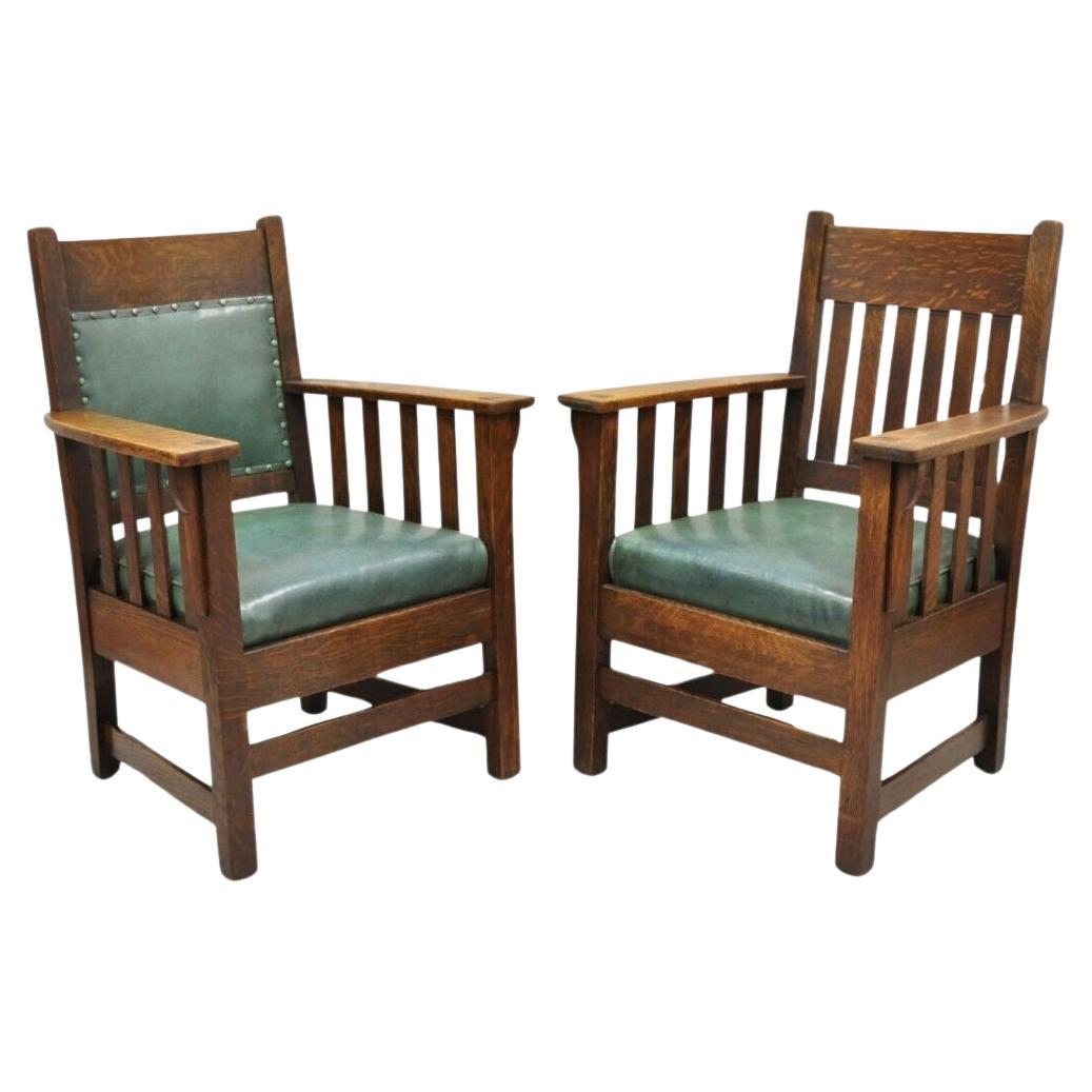 Mission Oak Arts & Crafts Stickley JM Young Style Lounge Arm Chairs Green - Pair For Sale
