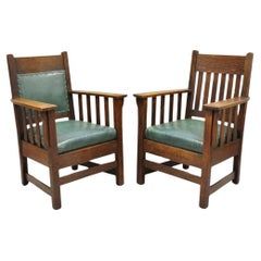 Vintage Mission Oak Arts & Crafts Stickley JM Young Style Lounge Arm Chairs Green - Pair