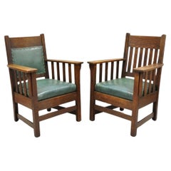 Mission Oak Arts & Crafts Stickley JM Young Style Lounge Arm Chairs Green - Pair