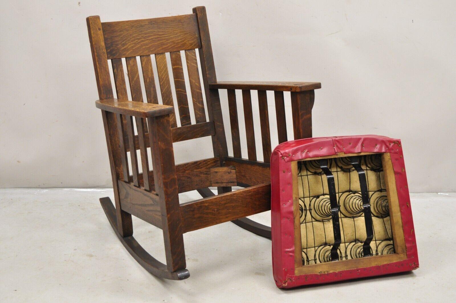 Mission Oak Arts & Crafts Stickley JM Young Style Rocker Rocking Chair Red Seat 3