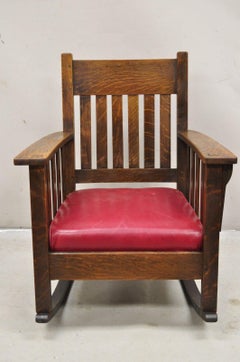 Mission Oak Arts & Crafts Stickley JM Young Style Rocker Rocking Chair Red Seat