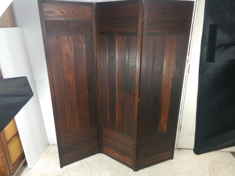 Early 20th Century Mission Oak Arts & Crafts Three Panel Screen Room Divider For Sale