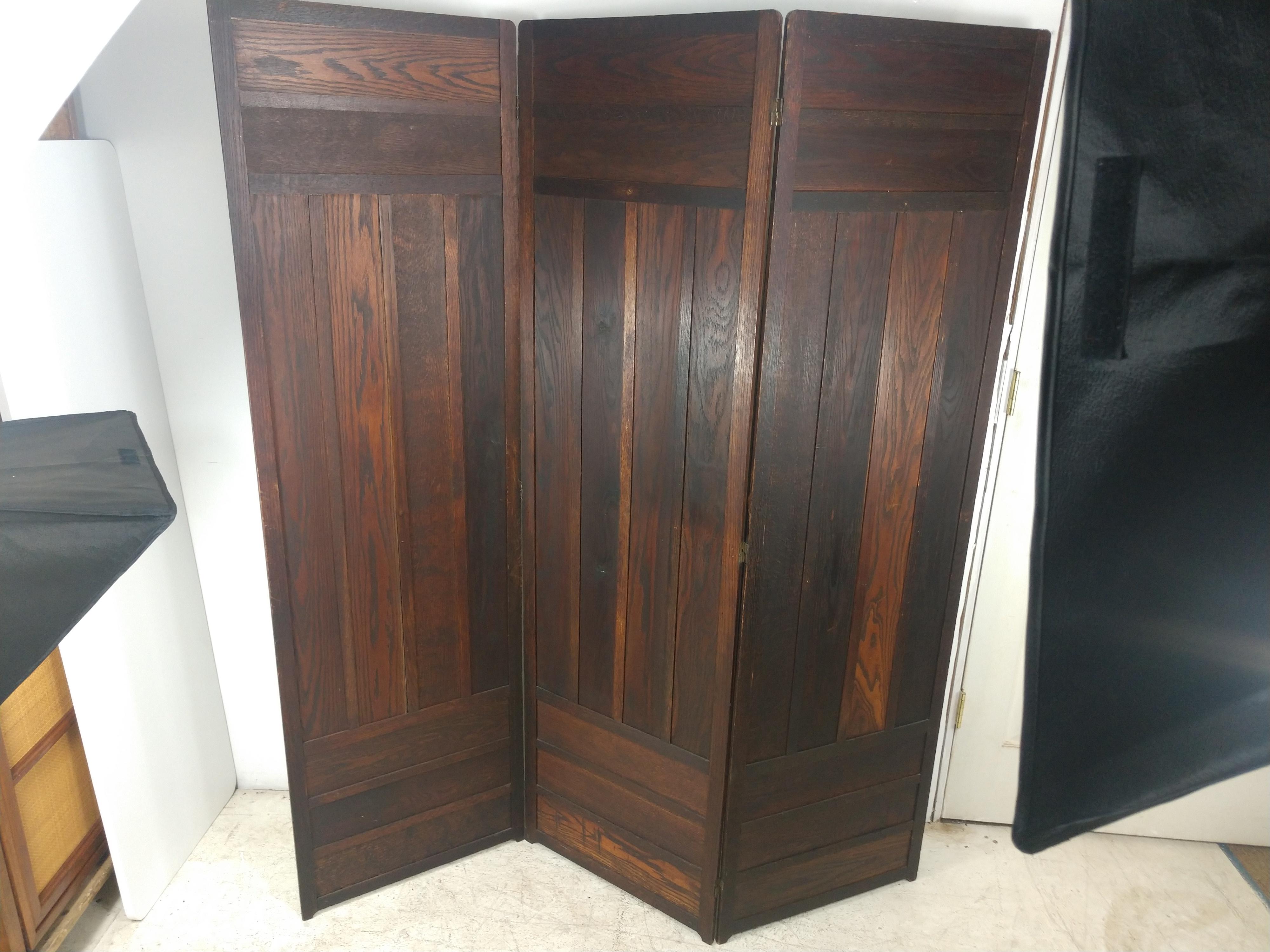 Stained Mission Oak Arts & Crafts Three Panel Screen Room Divider For Sale