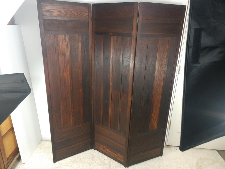 Brass Mission Oak Arts & Crafts Three Panel Screen Room Divider For Sale
