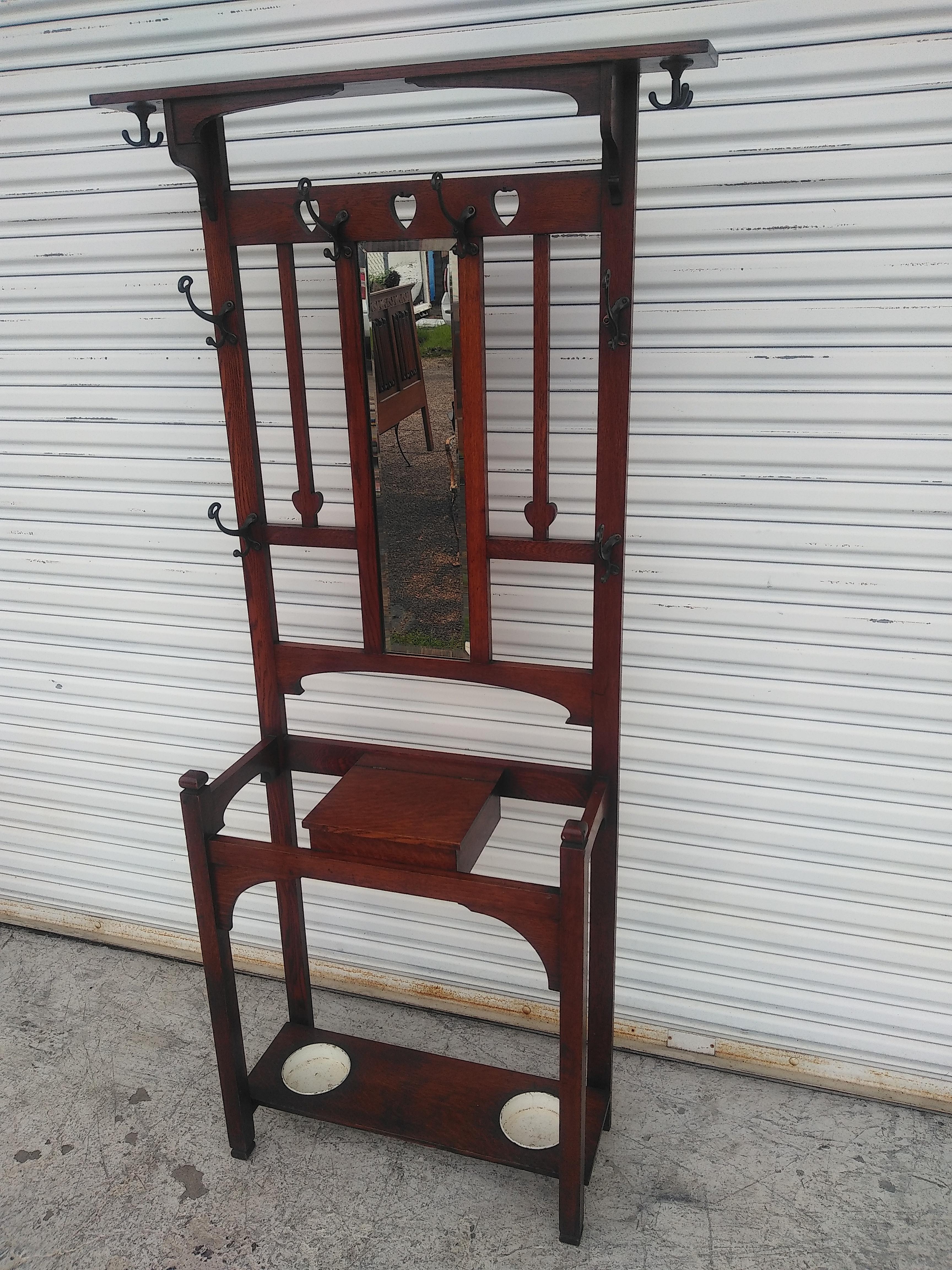 Metal Mission Oak Hall Tree and Umbrella Stand For Sale