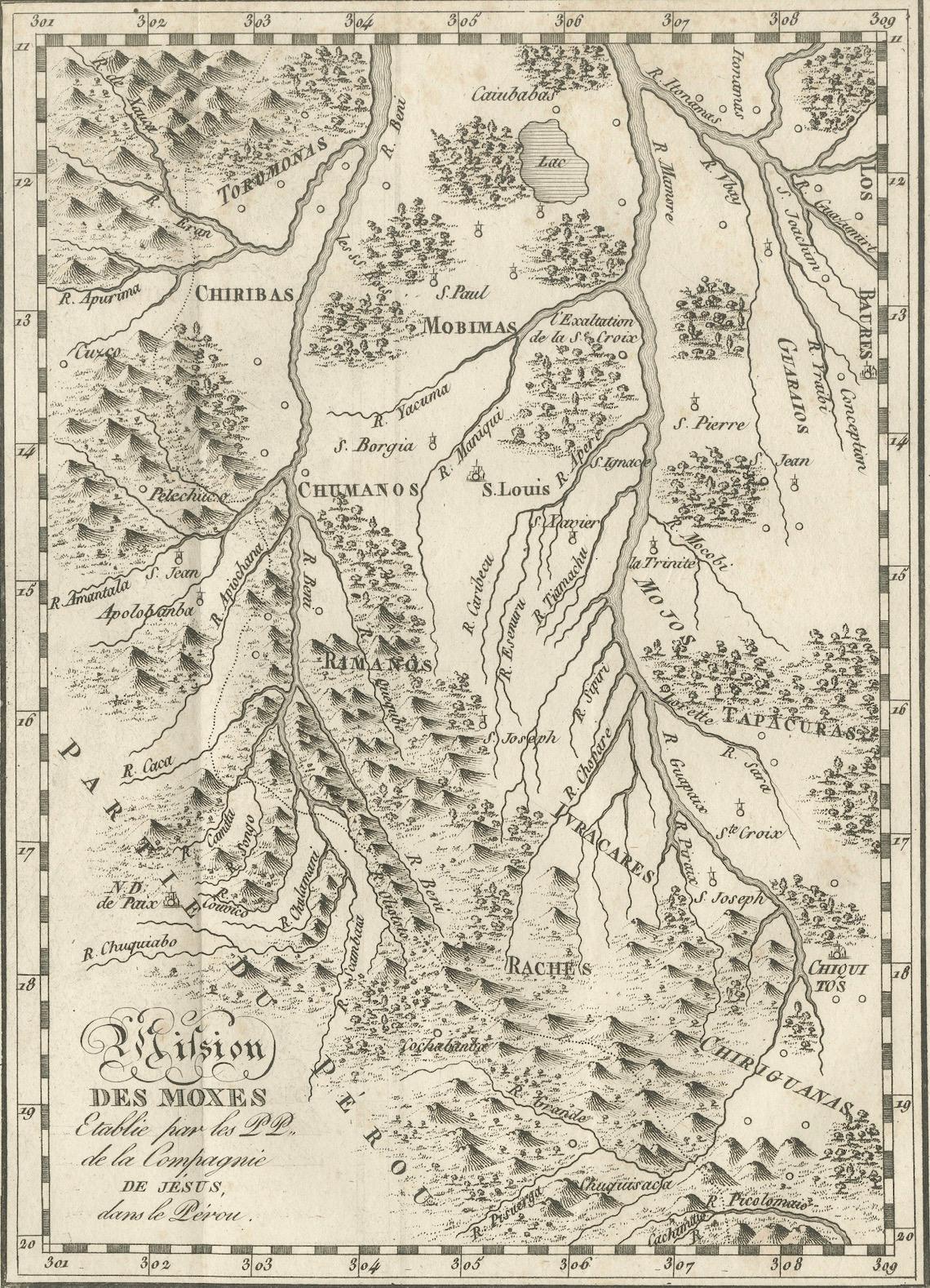 XVIII secolo Missione dei Moxos, Perù - Carta antica dei gesuiti francesi di Portier, 1790 ca. in vendita