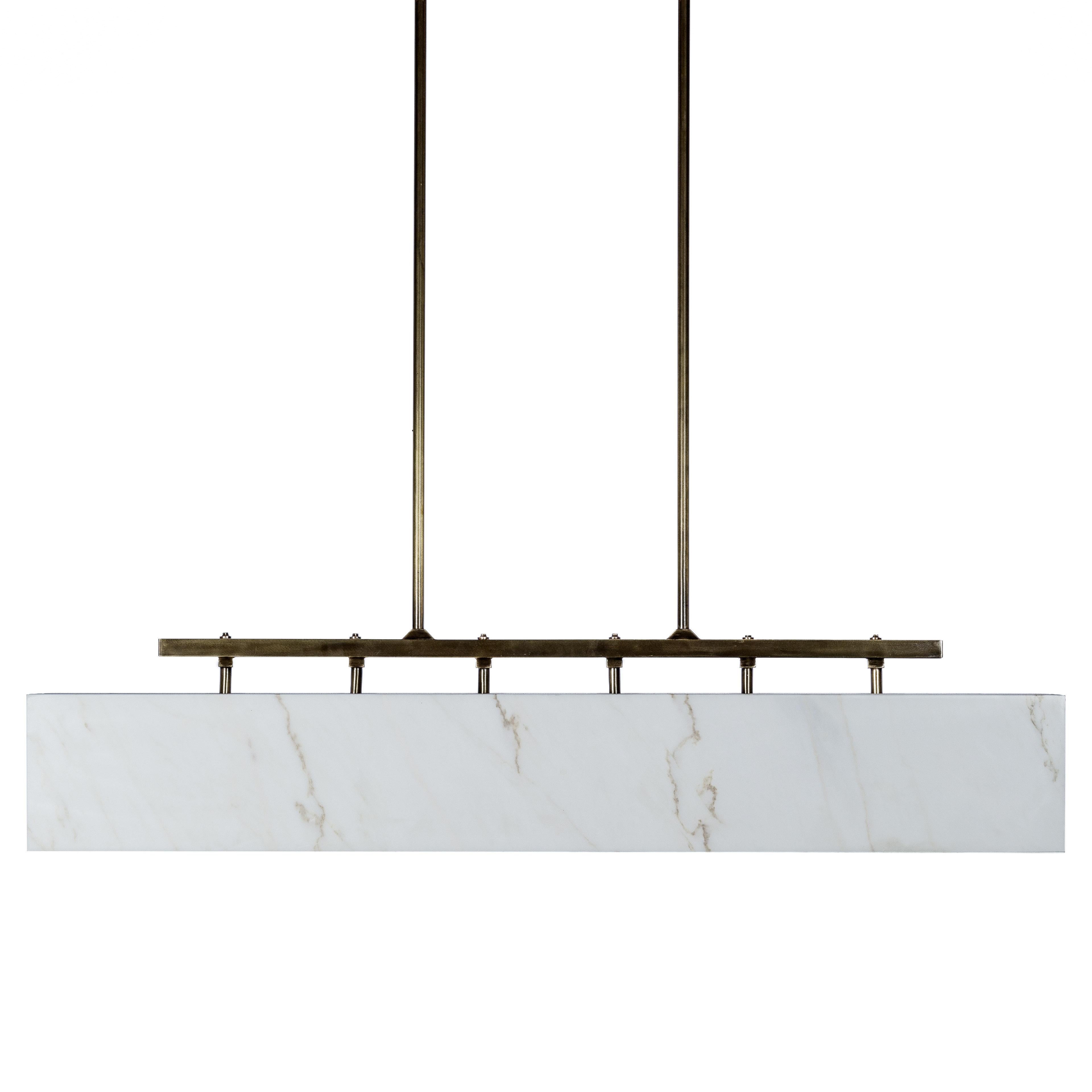 Greek Mission Pendant Light by on.Entropy, in Seamless White Marble and Satin Bronze For Sale