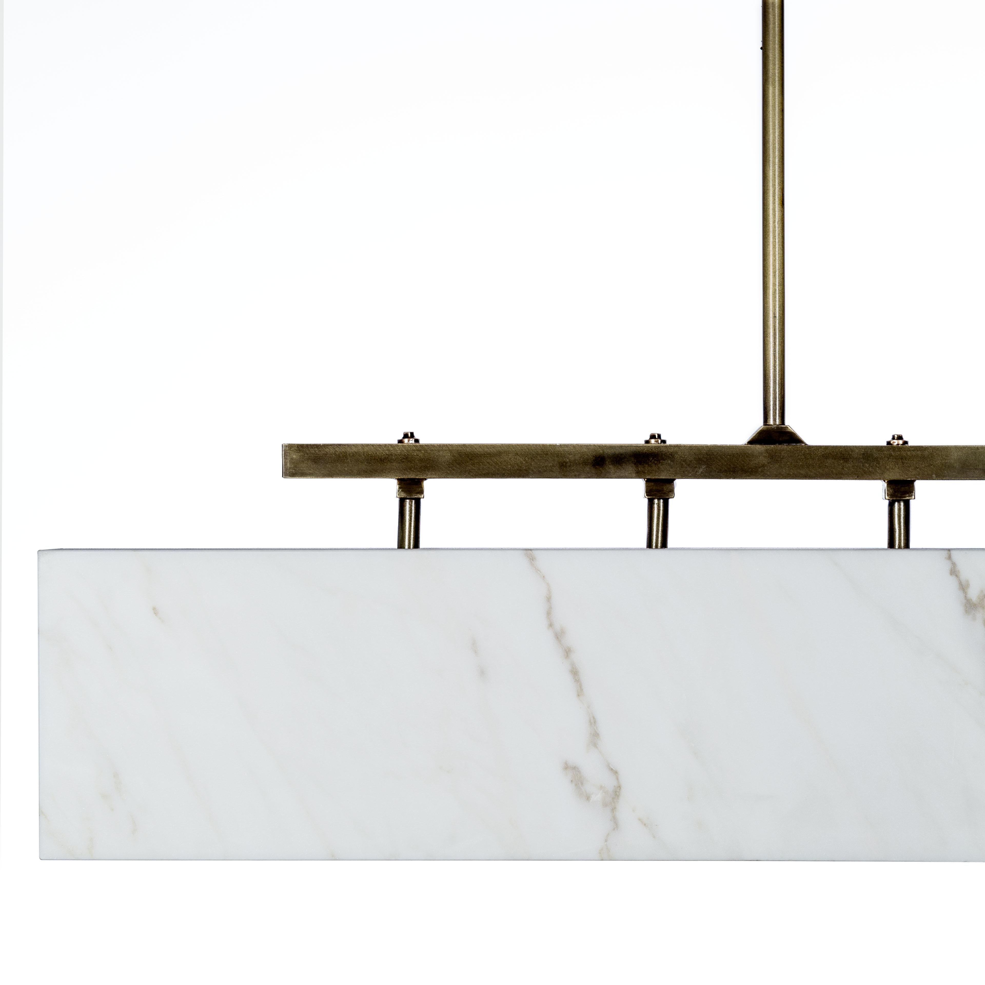 Contemporary Mission Pendant Light by on.Entropy, in Seamless White Marble and Satin Bronze For Sale