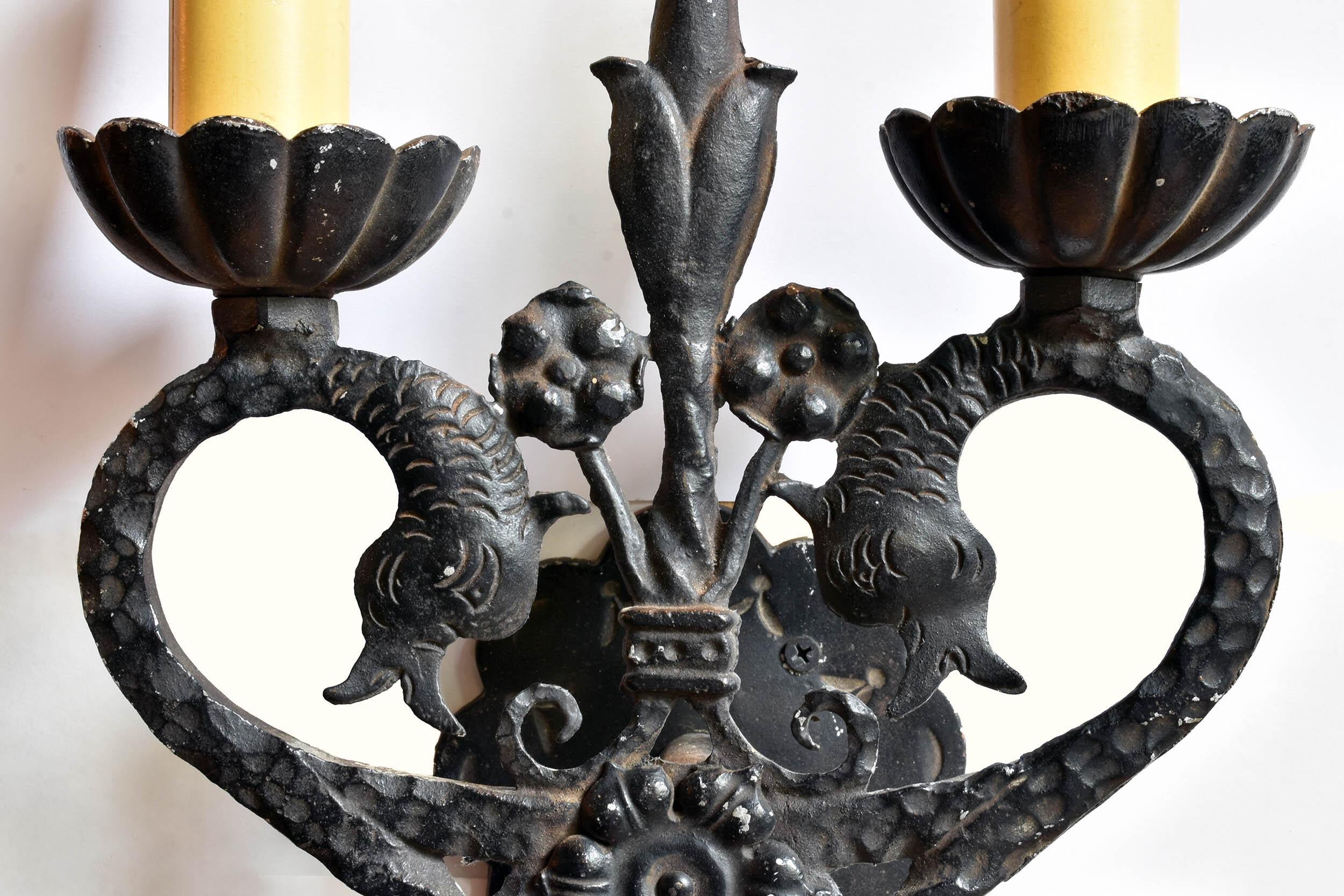 American Mission Revival Aluminum Two Candle Serpent Sconce For Sale