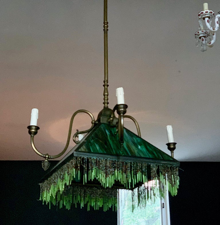 Mission Slag Glass Emerald Green Beeded Chandelier Pendant Light Fixture Bronzed