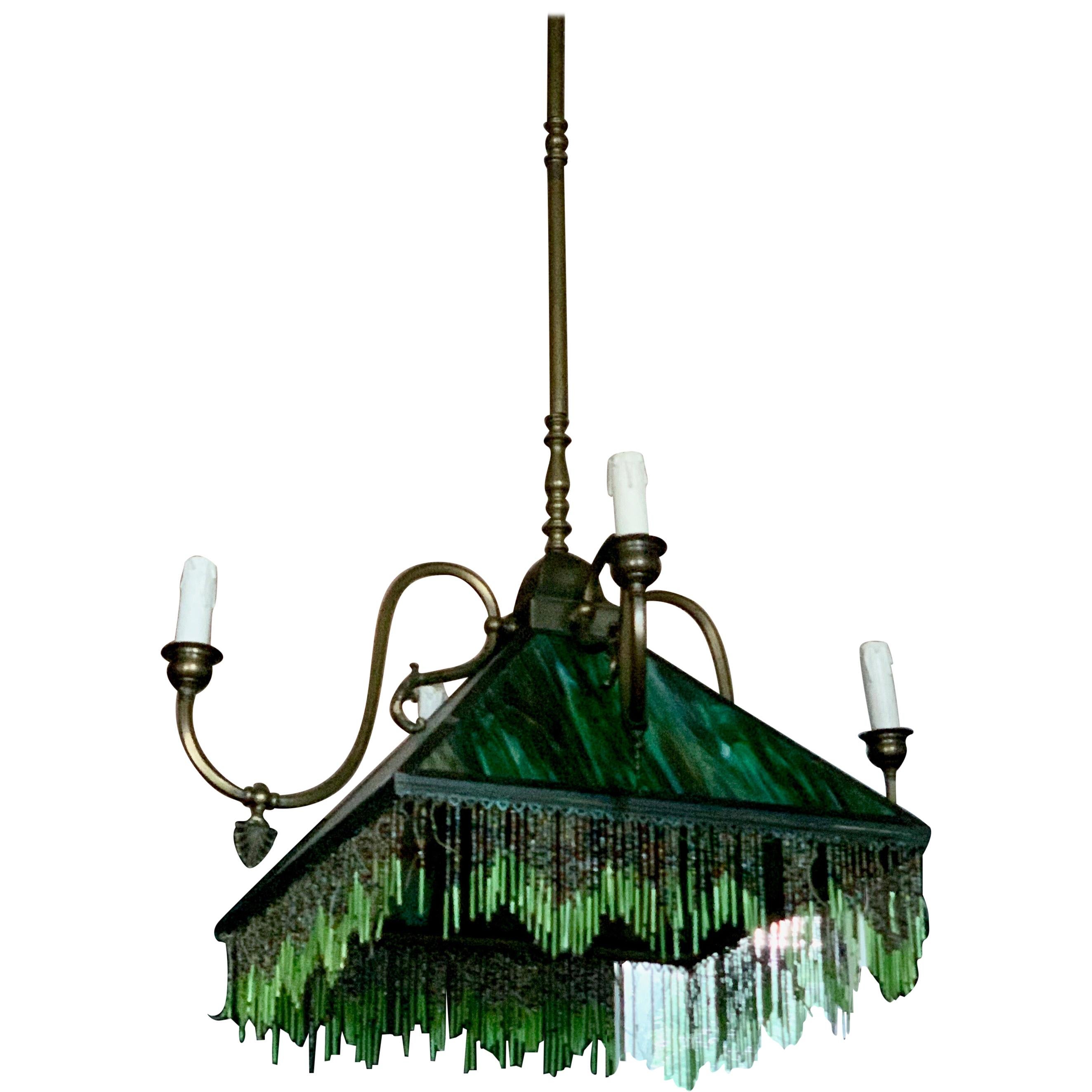 Mission Stained Glass Emerald Green Chandelier Pendant Light Fixture Bronzed